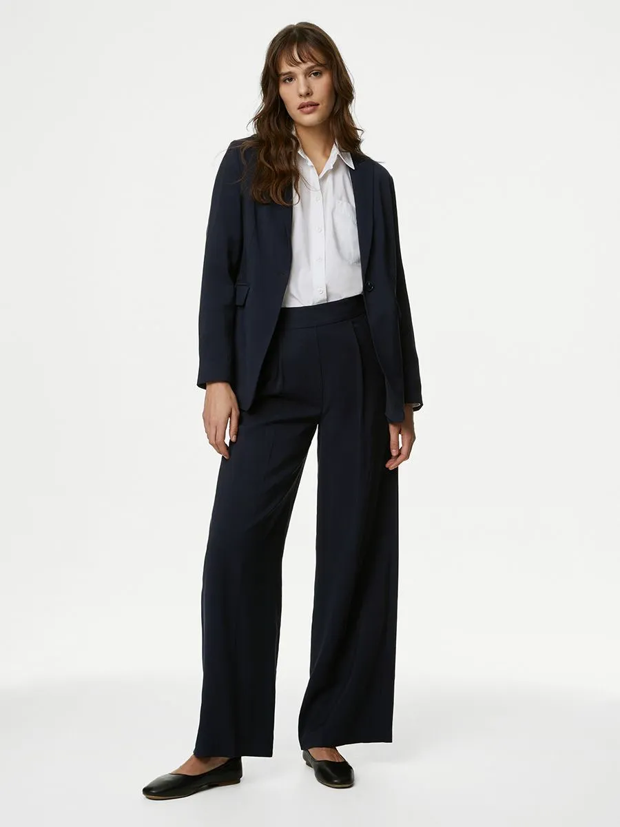 MARKS & SPENCER Women Trousers Wide Leg Pleat Front Dark Navy