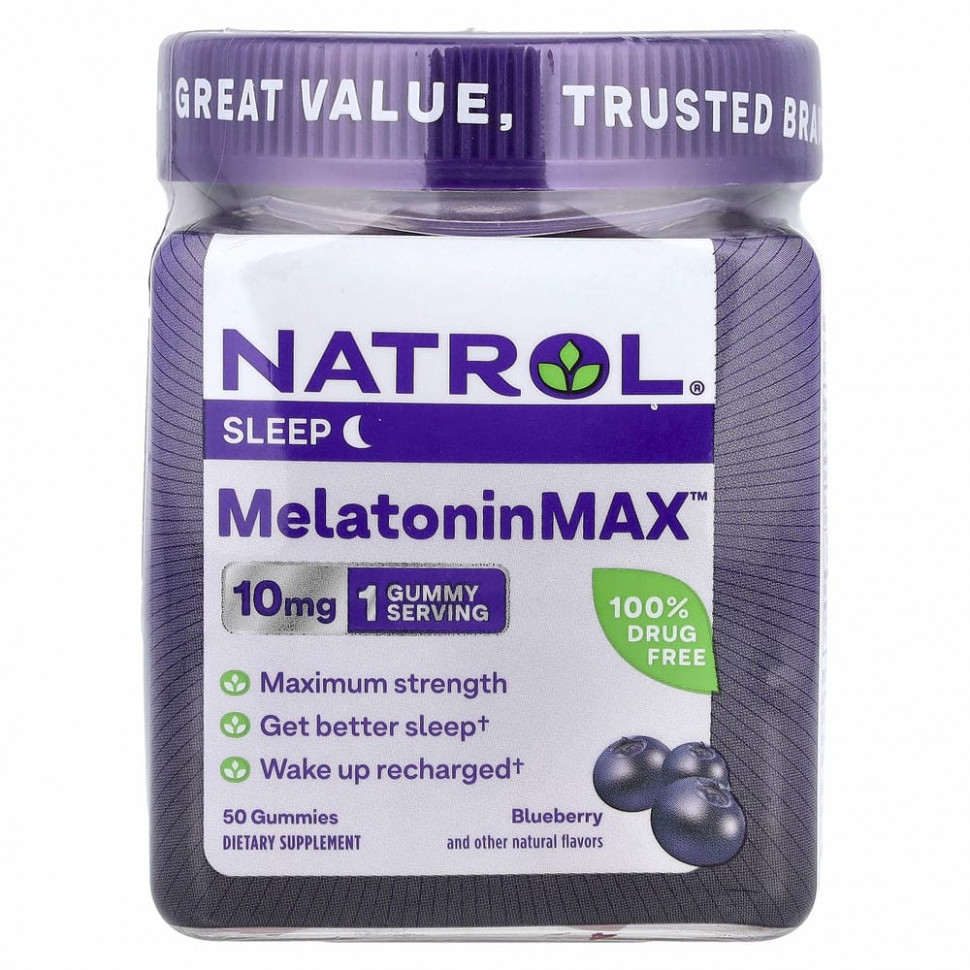 Natrol, Melatonin Max, для сна, голубика, 10 мг, 50 жевательных таблеток