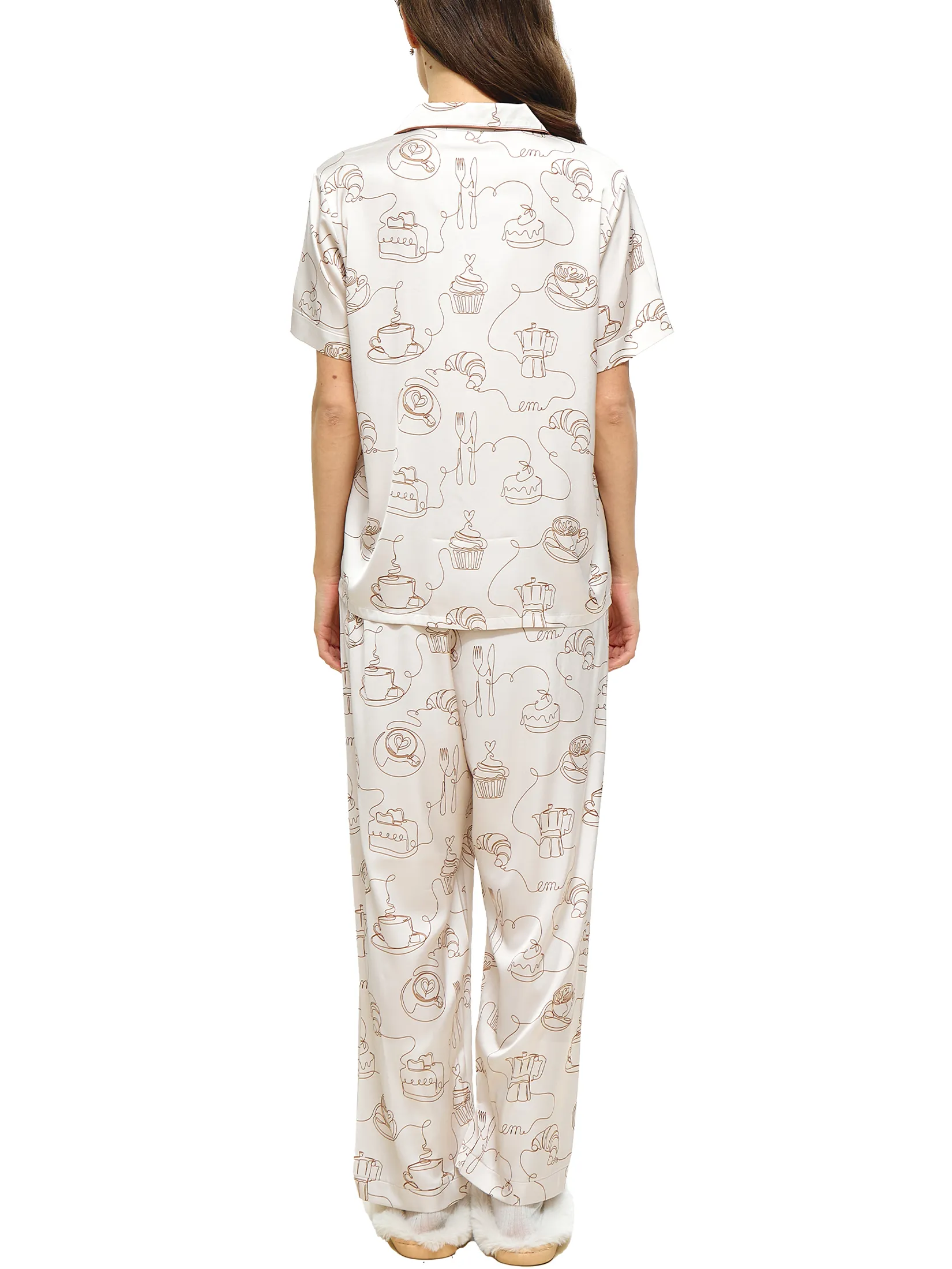 WACOAL Women Sleepwear Collection CAFE  CATION short sleeved, long legged , Coffee Print pattern Beige