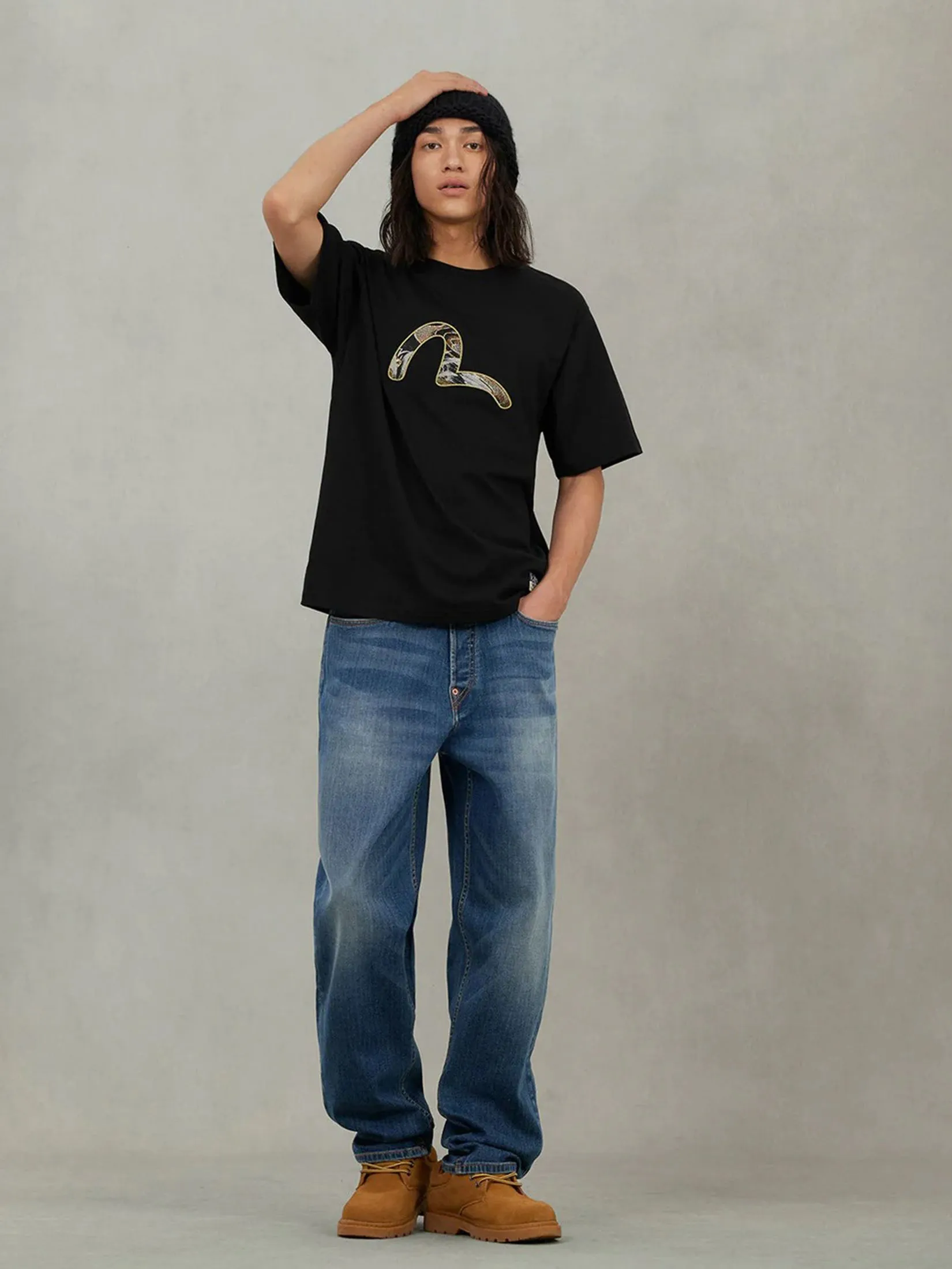 EVISU Men T-Shirt Short Sleeves Brocade Seagull Appliqué Regular Fit