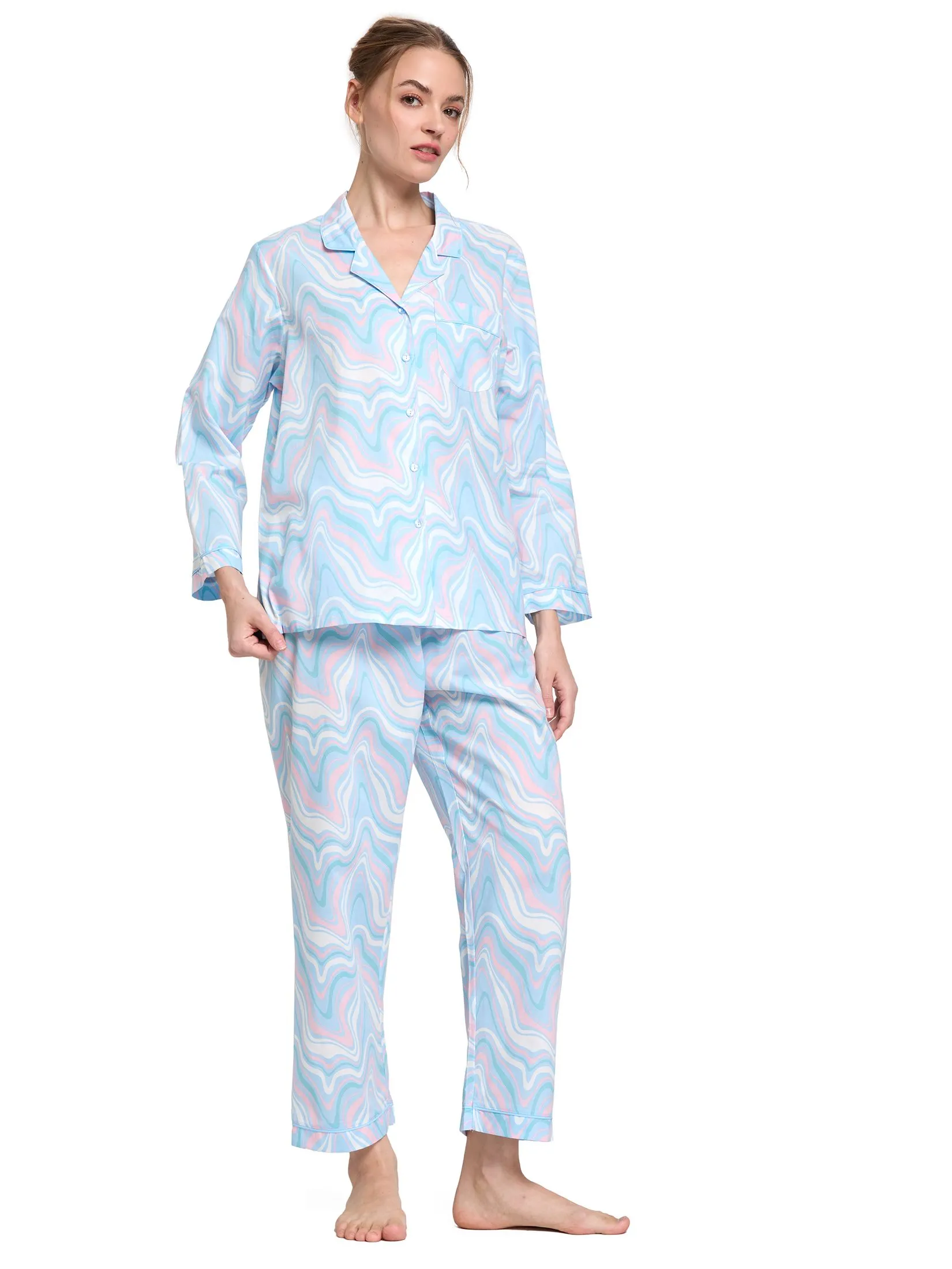 CLAUDIA'S ROMANCE Women Pyjamas Shirt Long Sleeves Hawaiian Collar + Pants Marble Swirl Light Blue