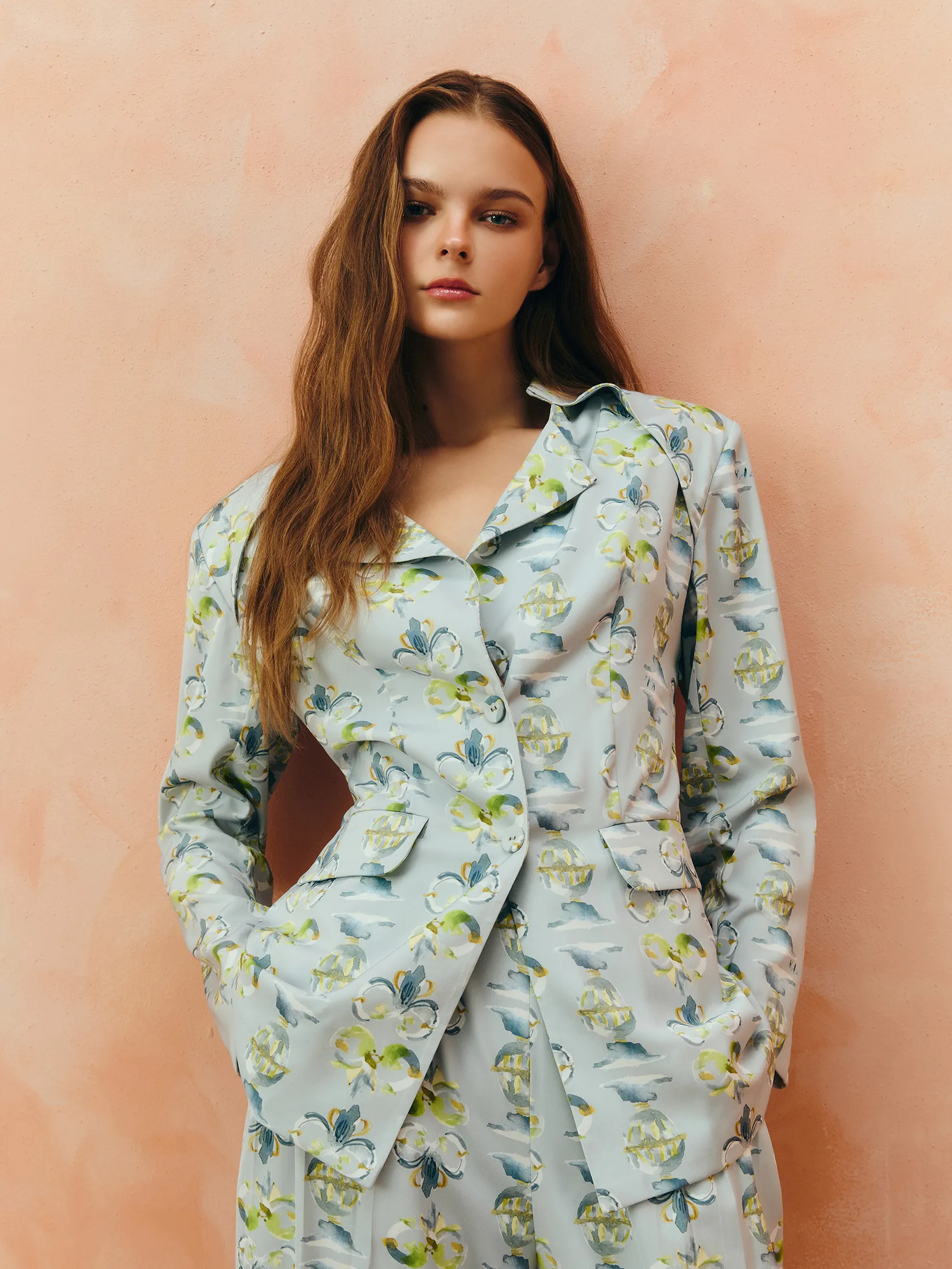 SHAKA Woman Blouse Printed Satin Tailored Jacket Light Grey