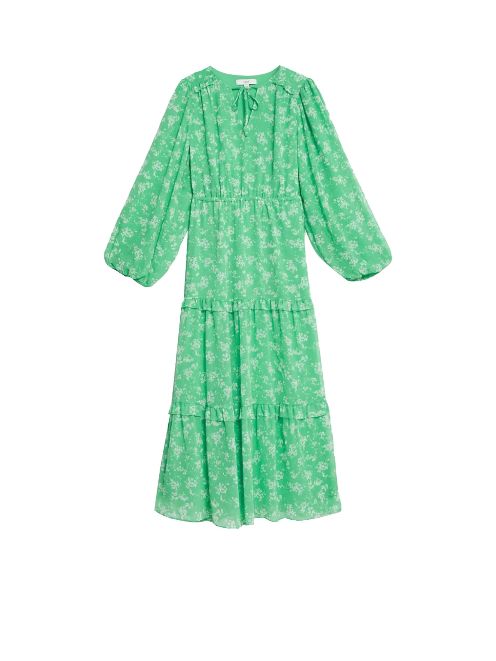 MARKS & SPENCER Women Maxi Tiered Dress Floral Tie Neck Green Mix