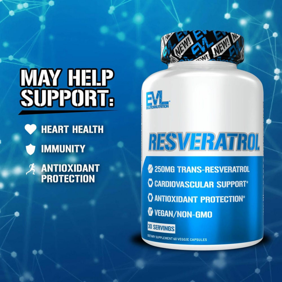 EVLution Nutrition, ресвератрол, 250 мг, 60 растительных капсул