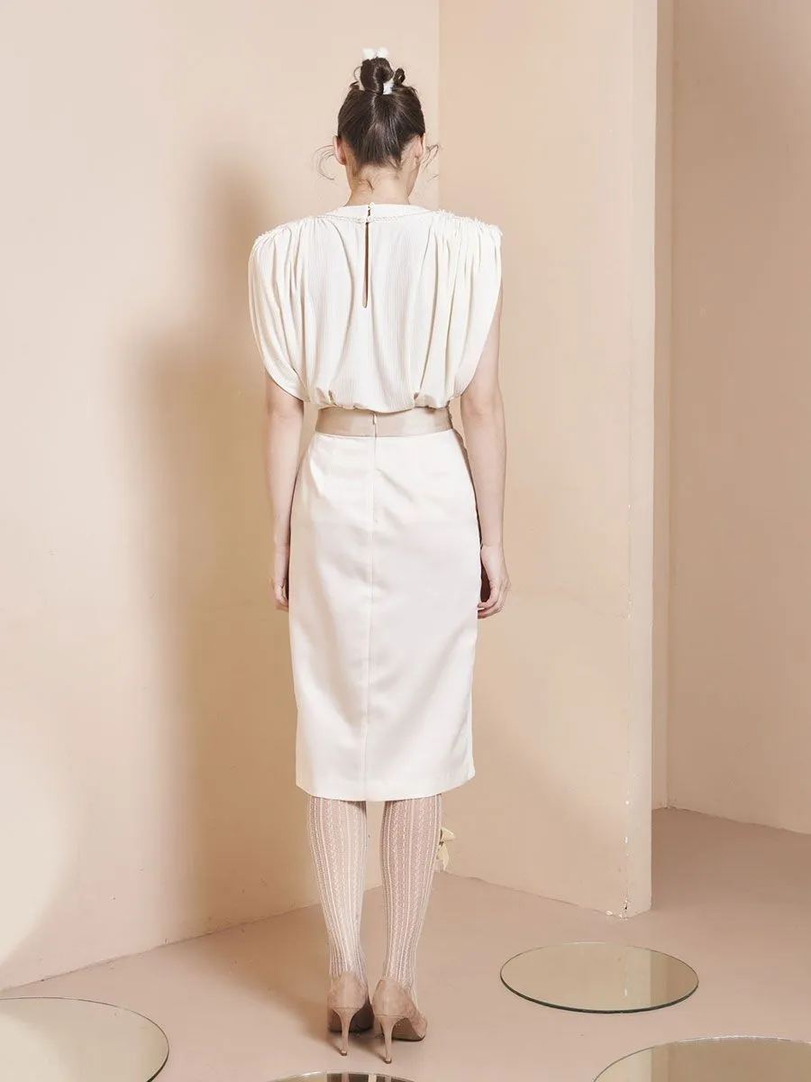 THEA BY THARA Belt-Detailed Ribbed Stretch Skirt Cream