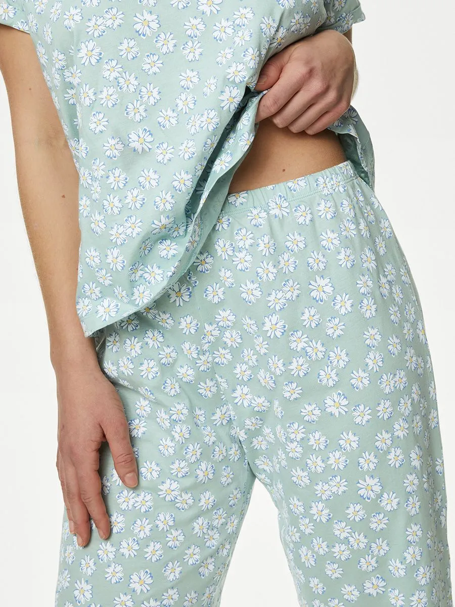 MARKS & SPENCER Women Pyjama Set Pure Cotton Little Flower Printed Asagi
