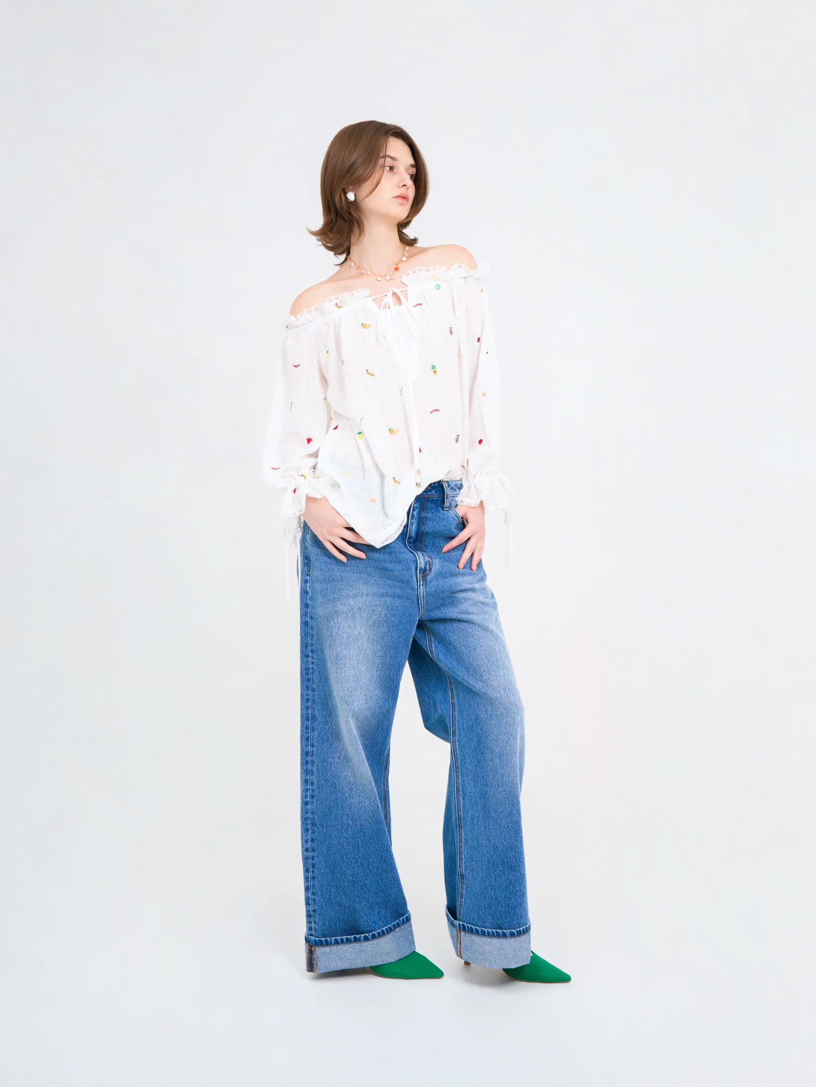 KLOSET (ฺBS25) Women Wide Leg Turn-Up Jeans