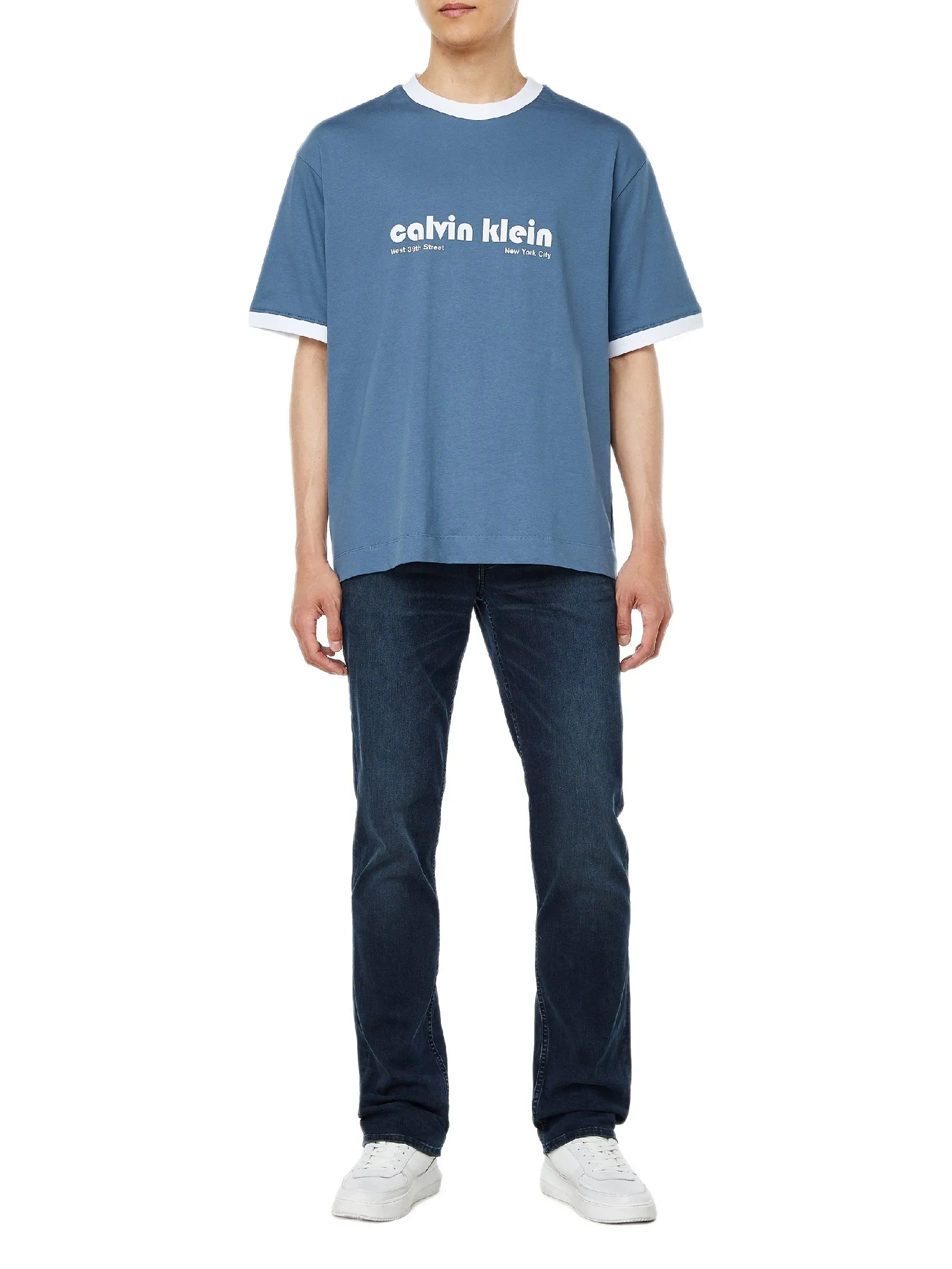 CALVIN KLEIN Men s Relaxed Fit Retro Logo Ringer Short Sleeve T-Shirt Blue