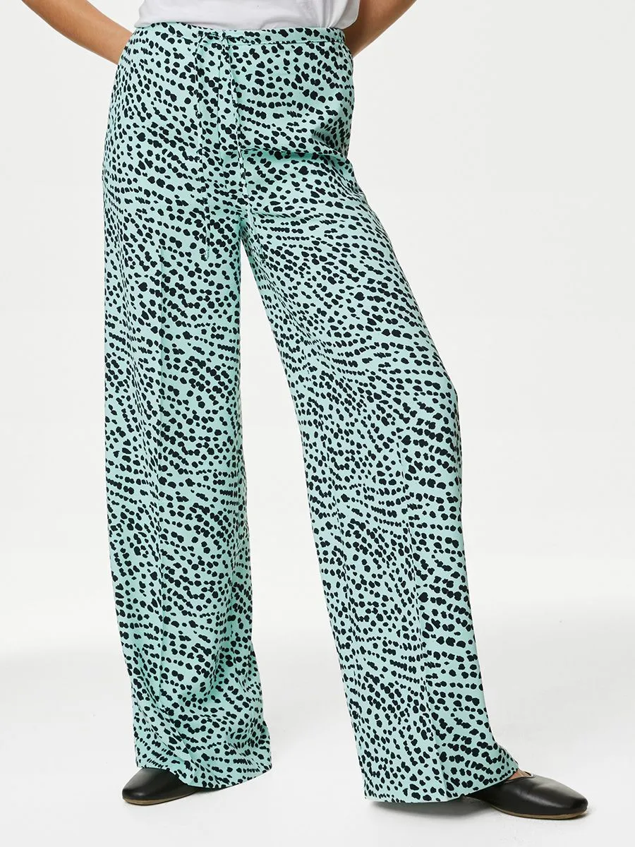 MARKS & SPENCER Women Trousers Wide Leg Drawstring Printed Light Green Mix