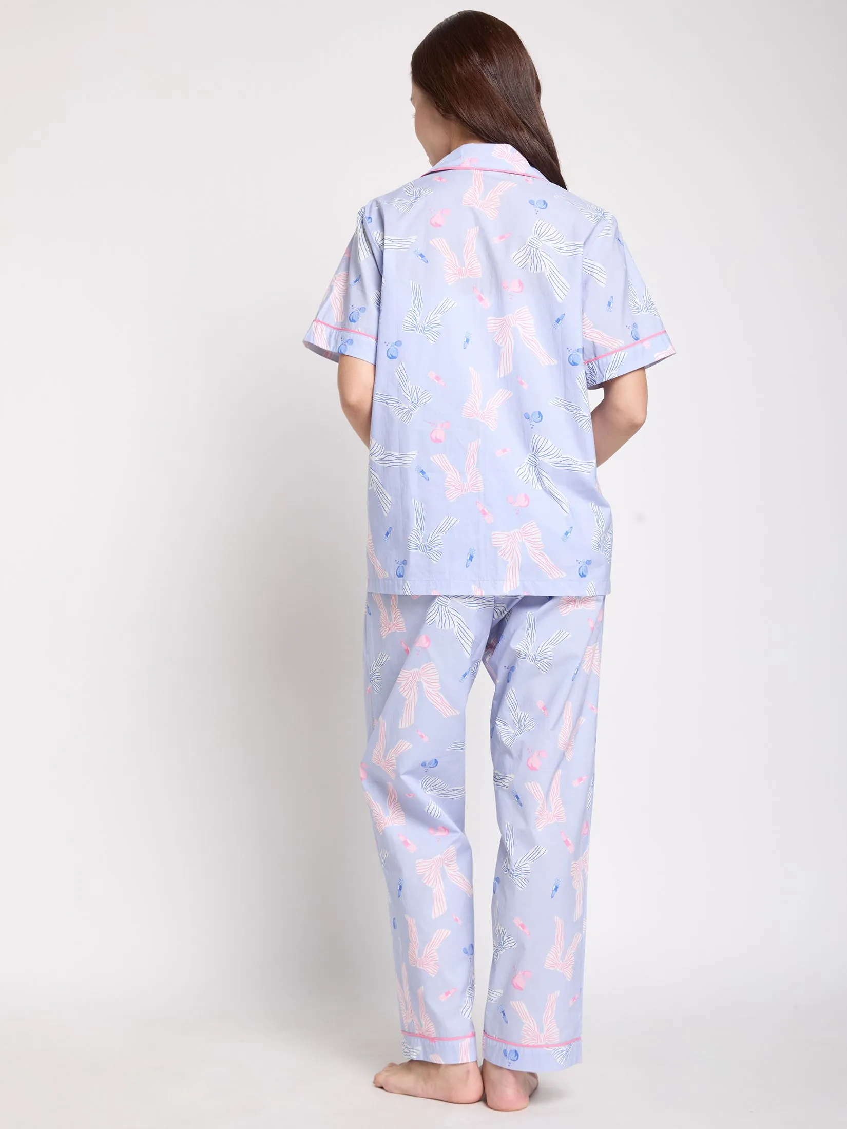 FOF Women Sleepwear Shirt Short Sleeves Collar + Pants Bow Light Purple