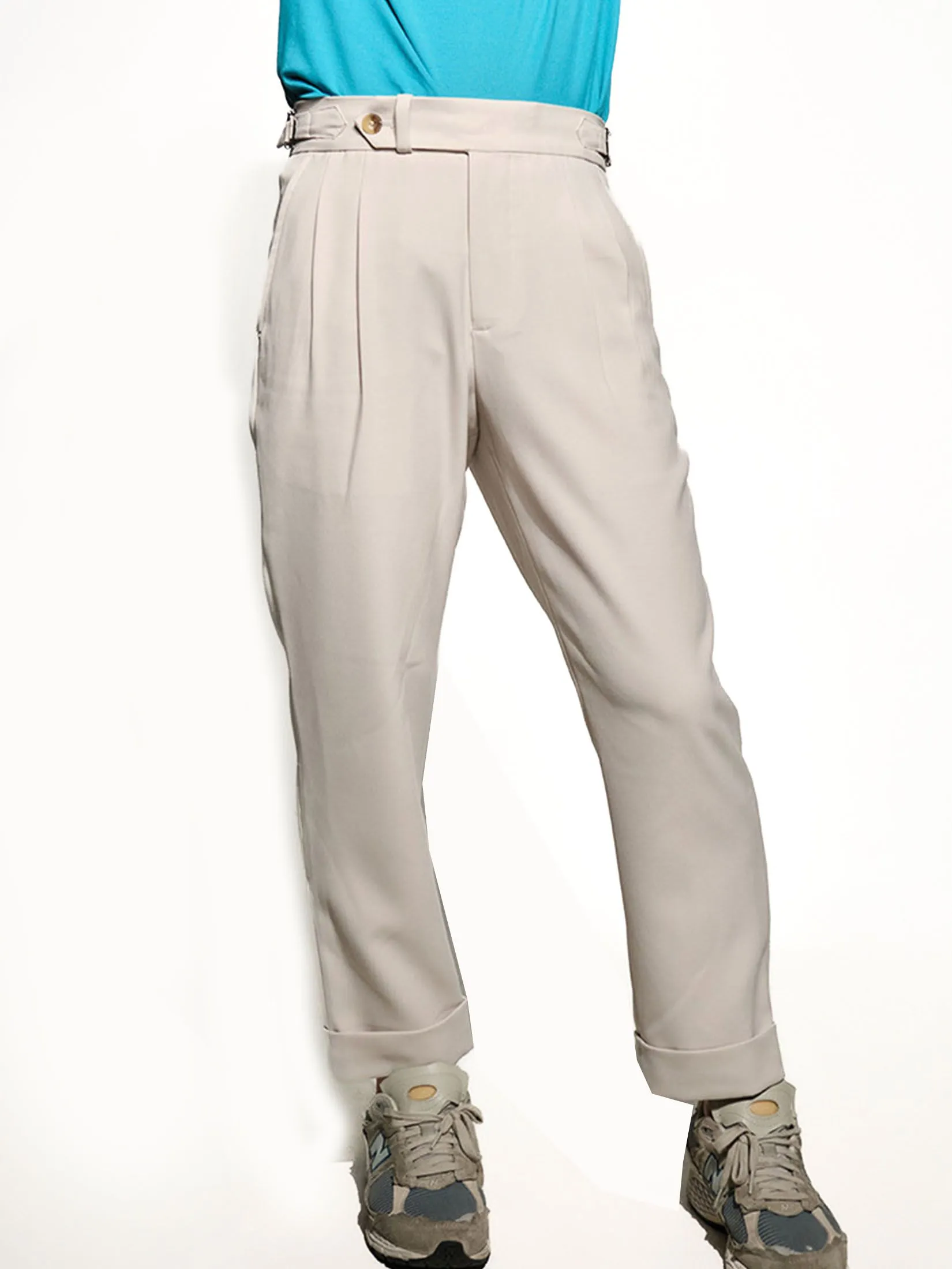 ERA-WON Men's Double belts trousers skinny crop fit Beige