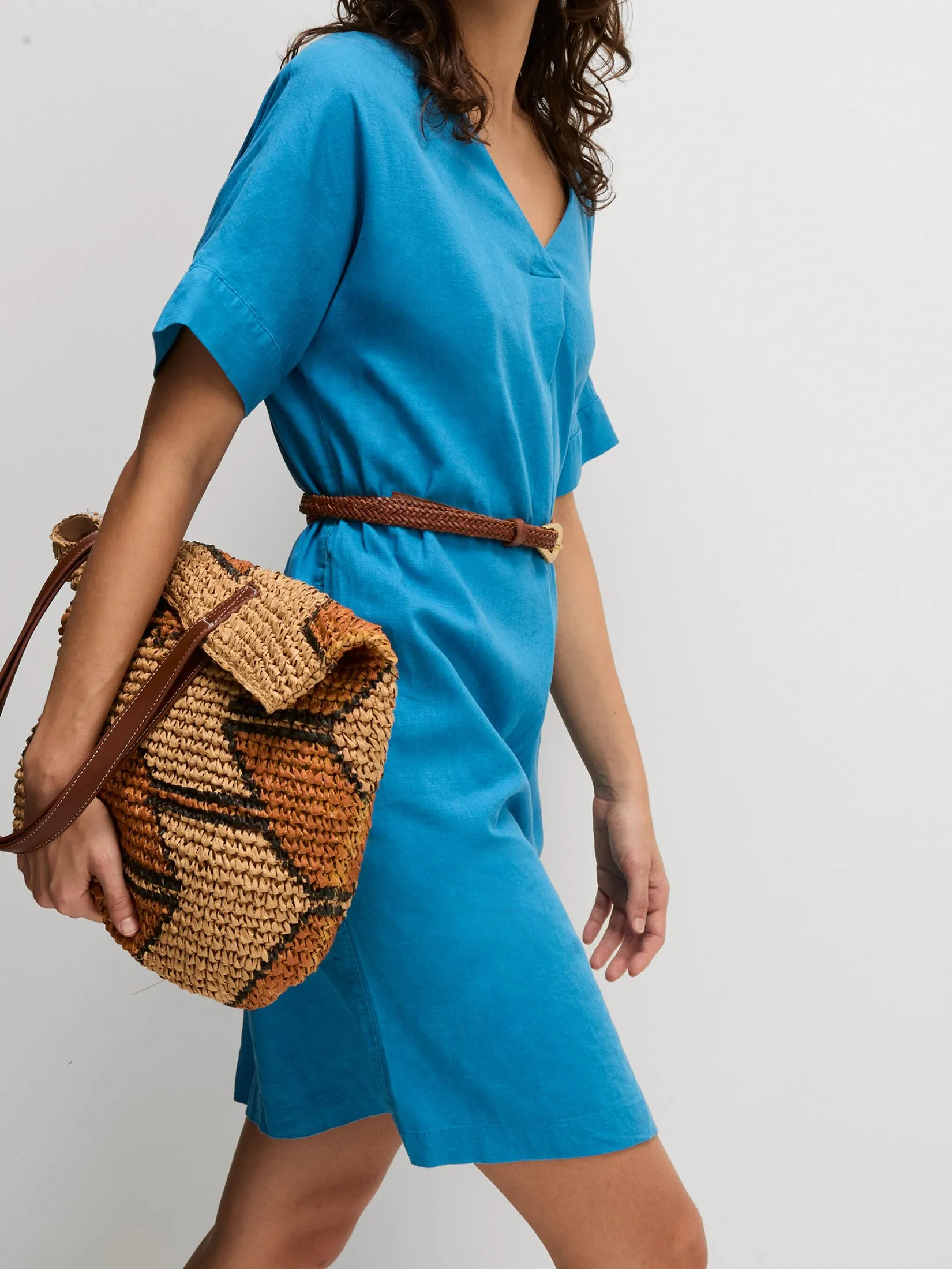 MARKS & SPENCER Women Dress Mini Shift Linen Rich V-Neck Kingfisher