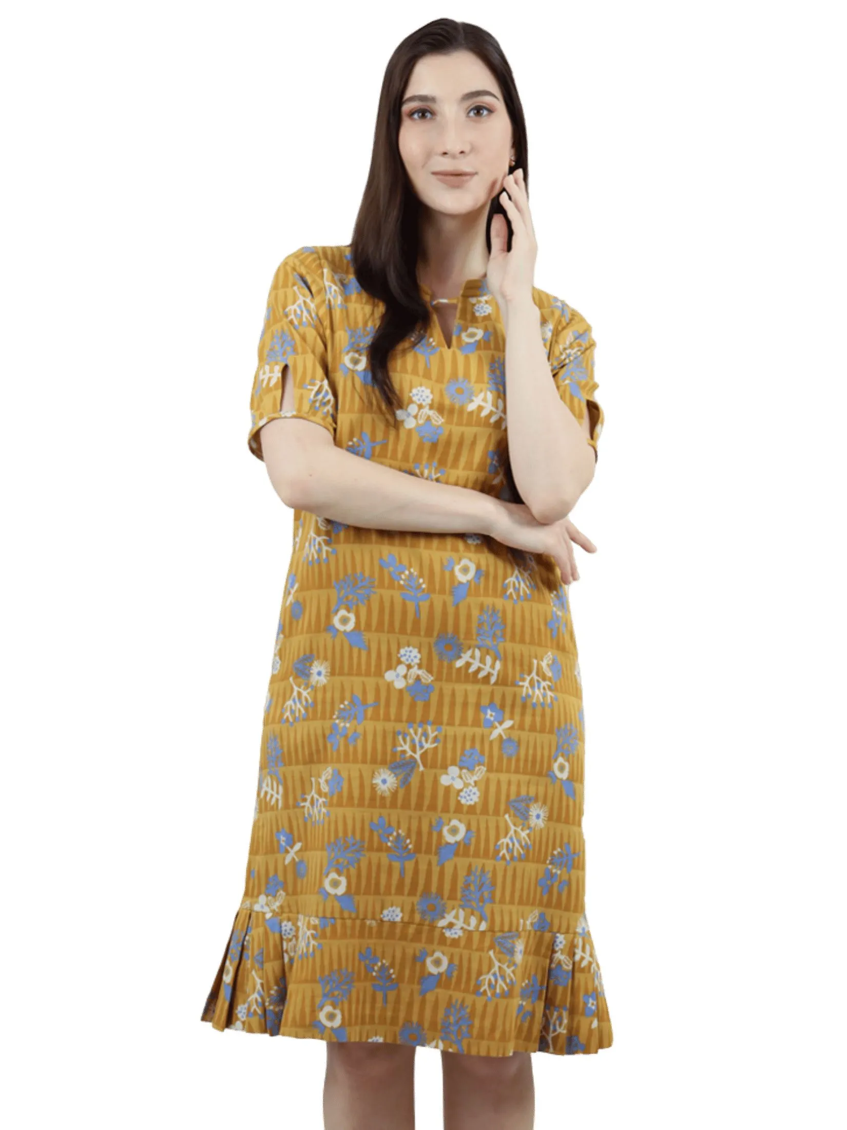 VERONIQA Women Dress Short Sleeves Cotton Print Yellow