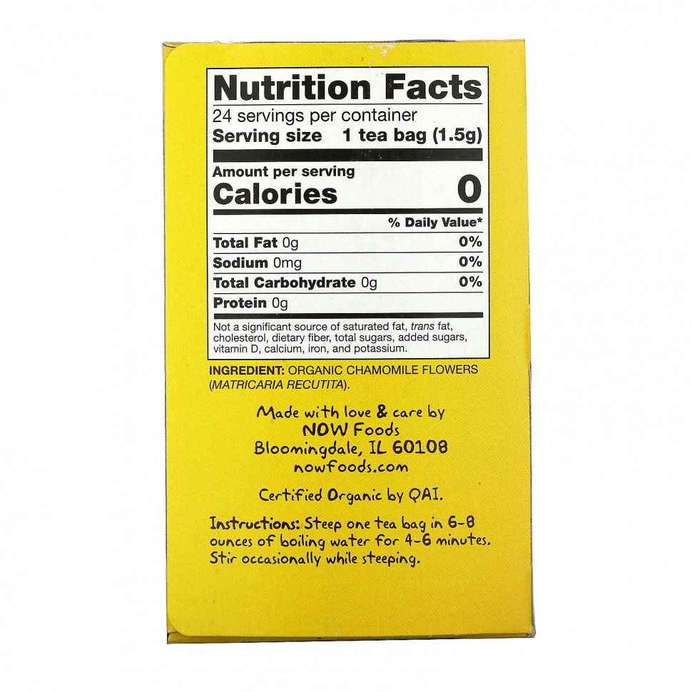 NOW Foods, Real Tea, органический чай, ромашка, без кофеина, 24 чайных пакетика, по 1,5 г