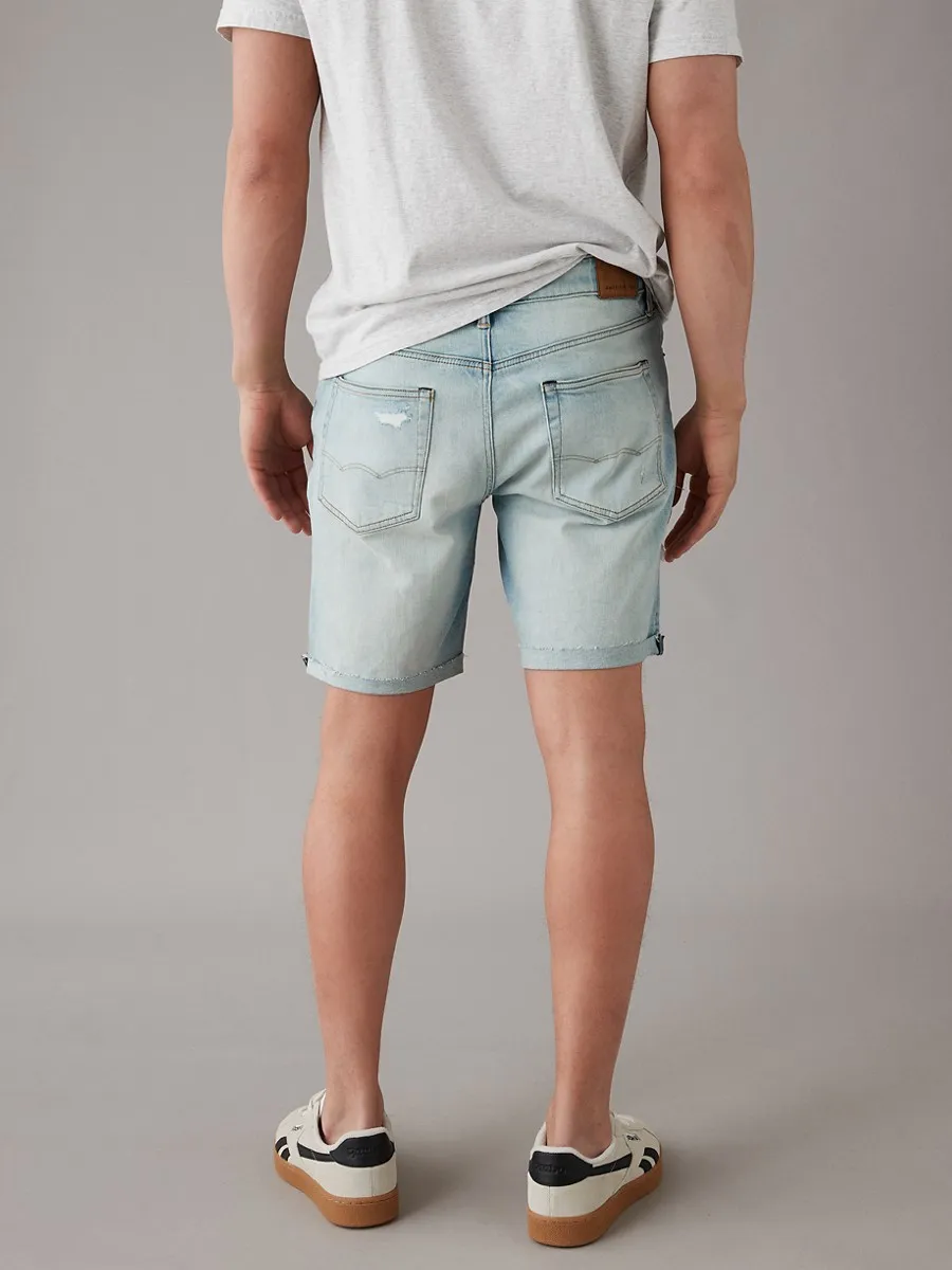 AMERICAN EAGLE MEN MEDIUM W/ DESTROY GLUEBACK BAGGY JEAN SHORT - CUT & CUFF 973 INDIGO SKYLIGHT DESTROY