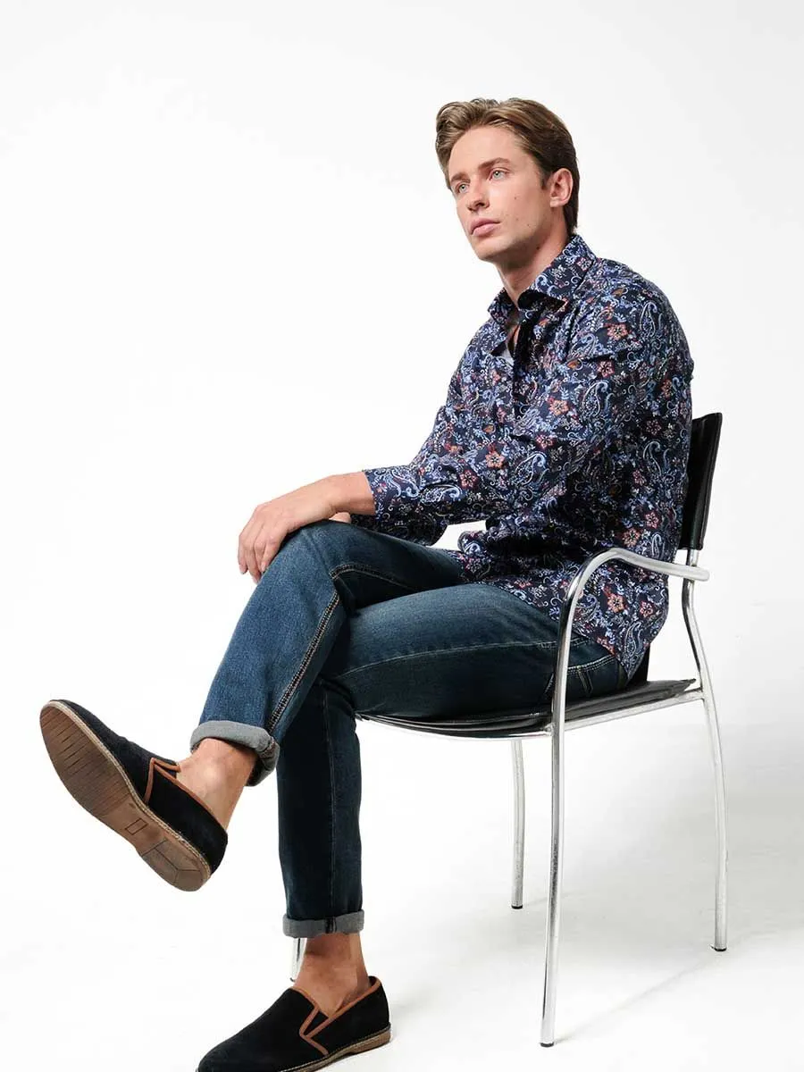 OLYMP MEN SHIRT LONG SLEEVES MODERN FIT GRAPHIC PRINT NAVY BLUE EASY IRON