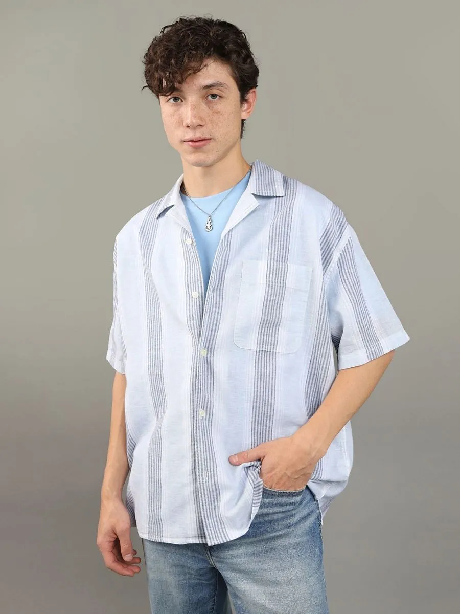 AMERICAN EAGLE MEN SS OVERSIZED CAMP COLLAR LINEN STRIPE 409 BLUE MIST