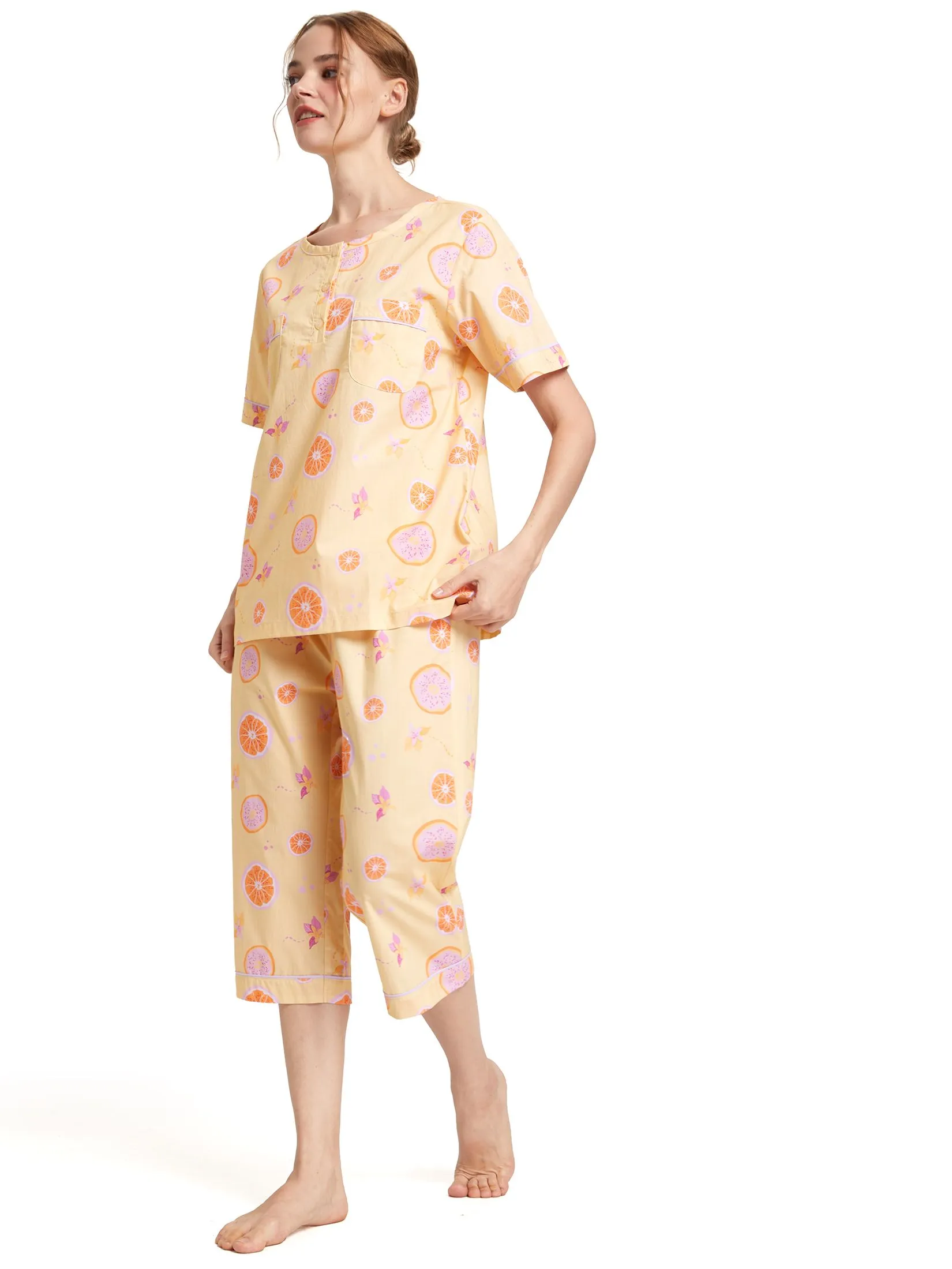 FOF Women Pyjamas Shirt Short Sleeves Crew Neck + Pants Lemon Print Yellow