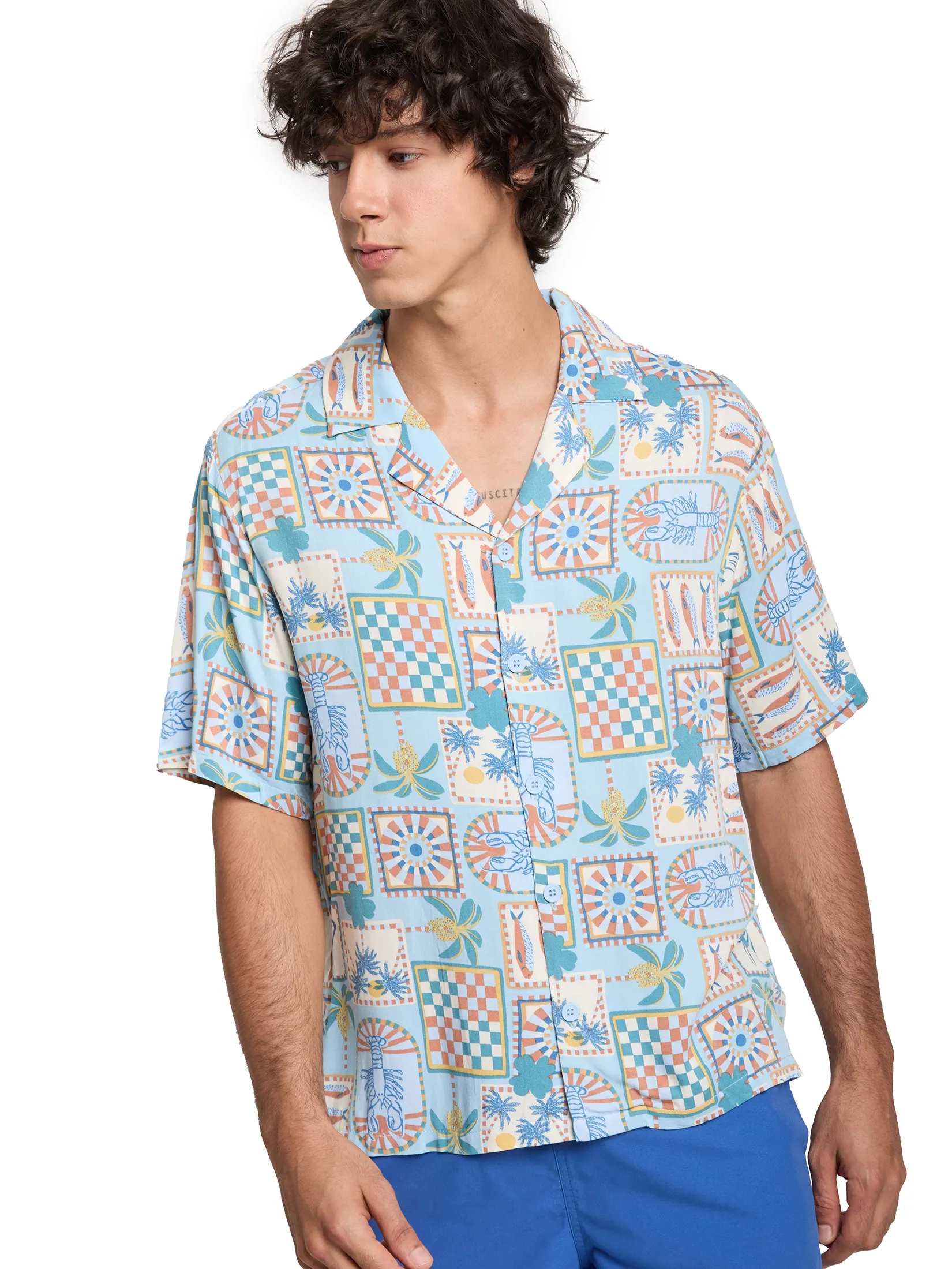DEFRY 01 Men Shirt Short Sleeves Hawaiian Style Blue