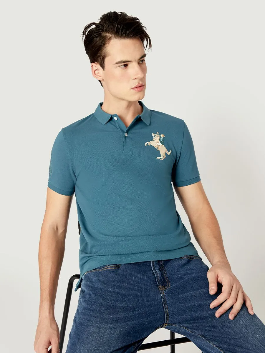 GIORDANO Men's Pique Slim Fit Embroidery Napoleon Polo Mallard Blue