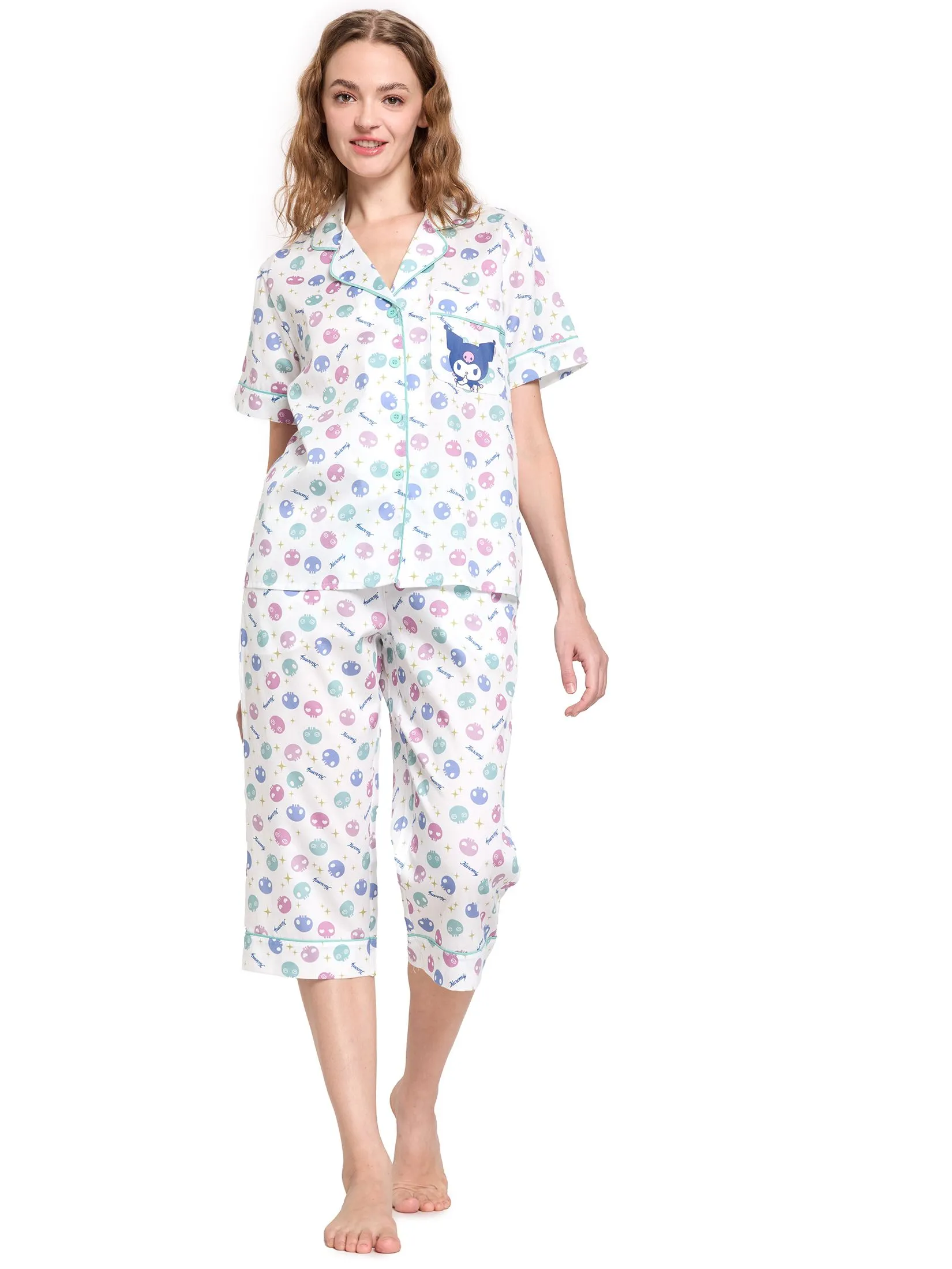 SANRIO Women Sleepwear Shirt Short Sleeves + Cropped Pants Kuromi Star Light Blue