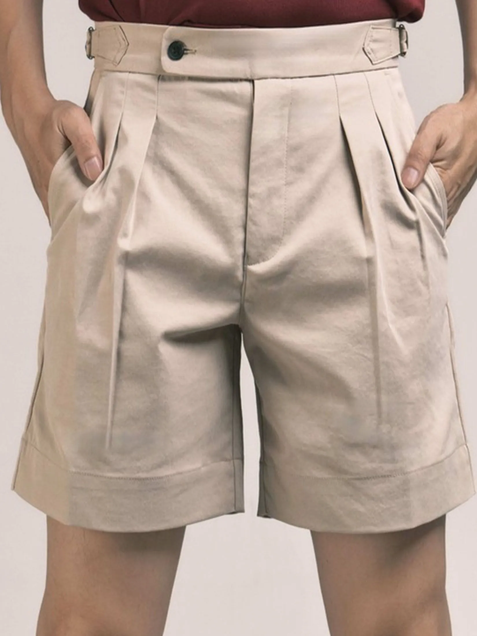 ERA-WON Men's short pant Double belts Classic Shorts Beige