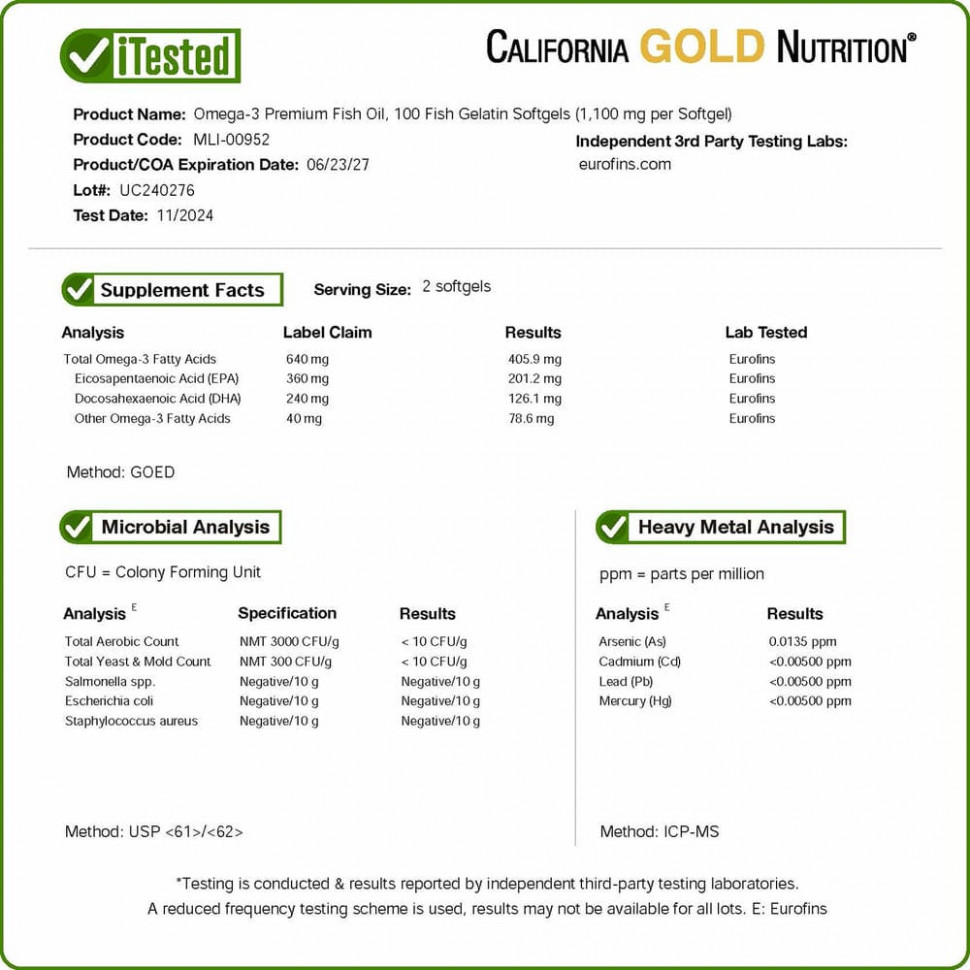 California Gold Nutrition, омега-3, рыбий жир премиального качества, 180 мг ЭПК / 120 мг ДГК, 100 капсул из рыбьего желатина