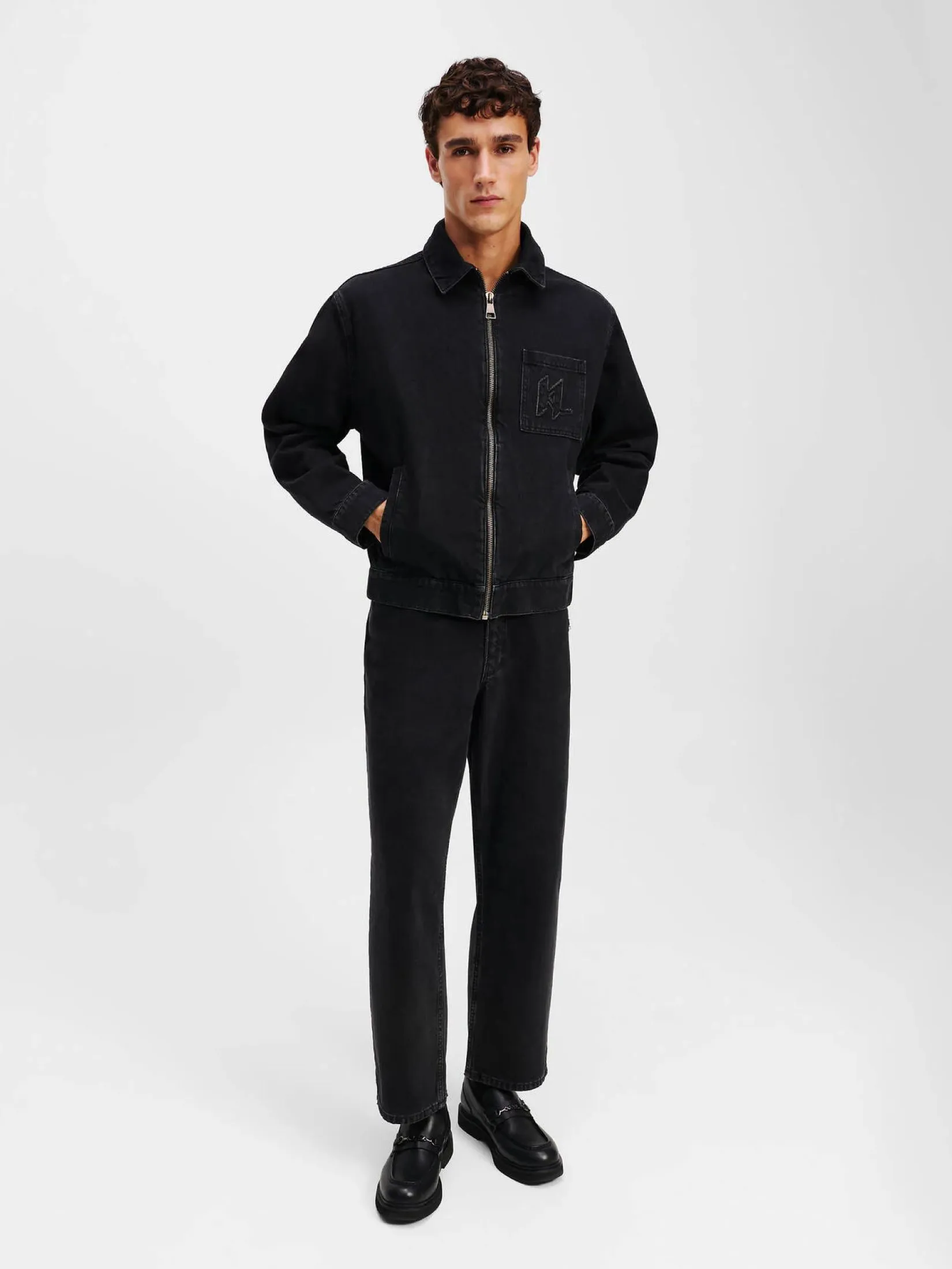 KARL LAGERFELD RTW-1 FAUX SHEARLING KL DENIM JACKET WASHED GREY DENIM