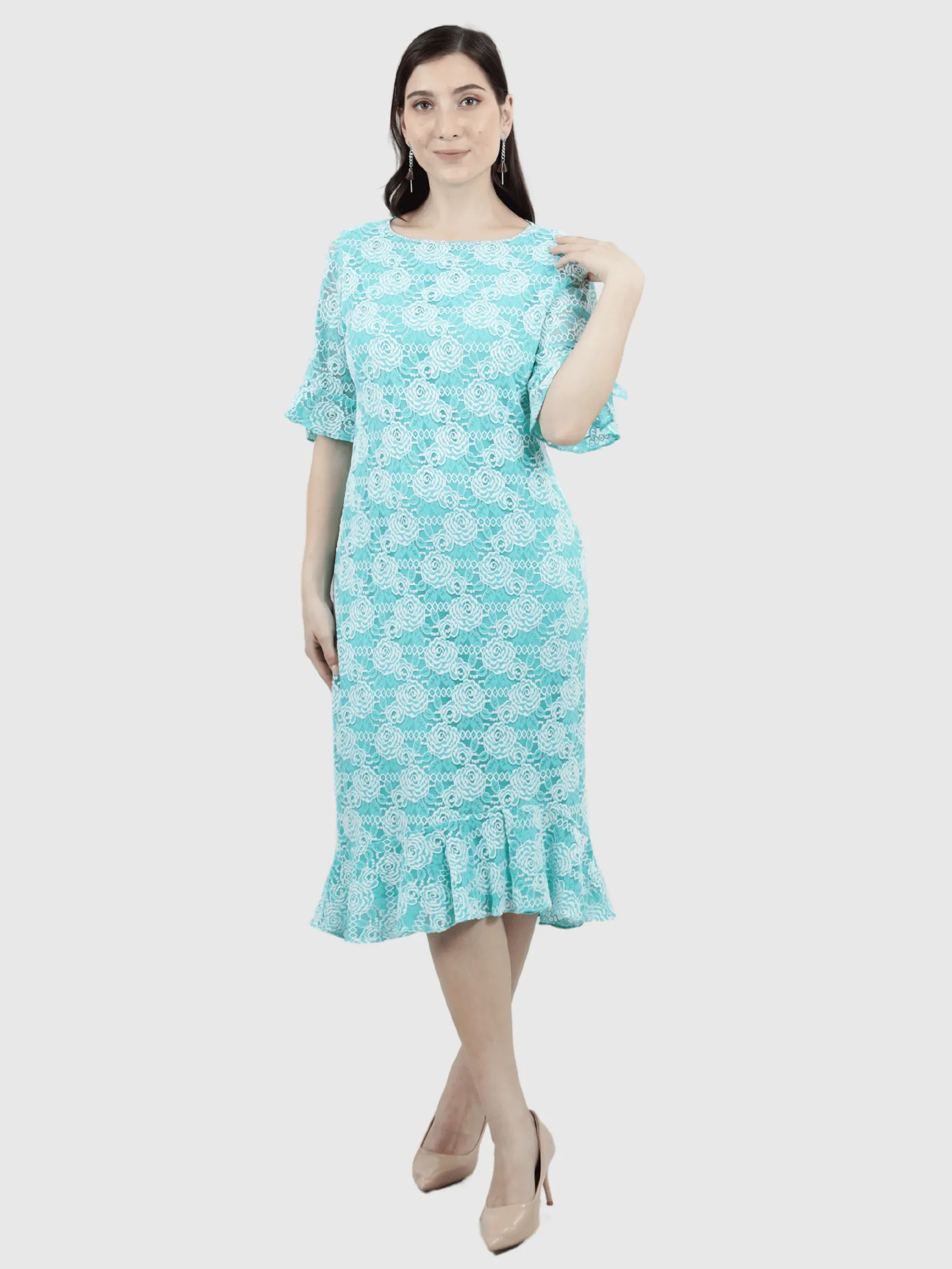 VERONIQA Women Dress Short Sleeves Fancy Lace Green