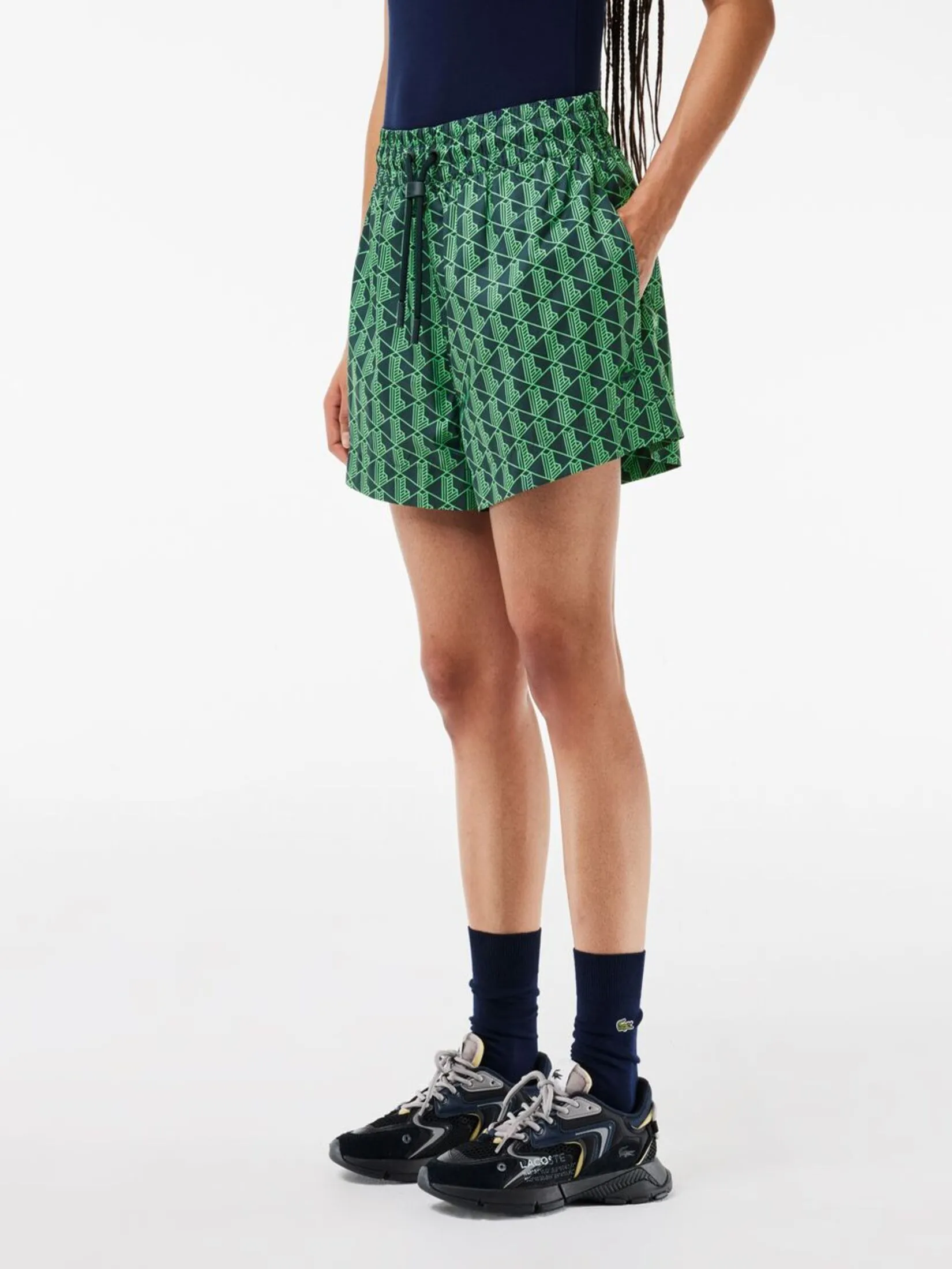 LACOSTE Monogram Print and Drawstring Tailored Shorts Green