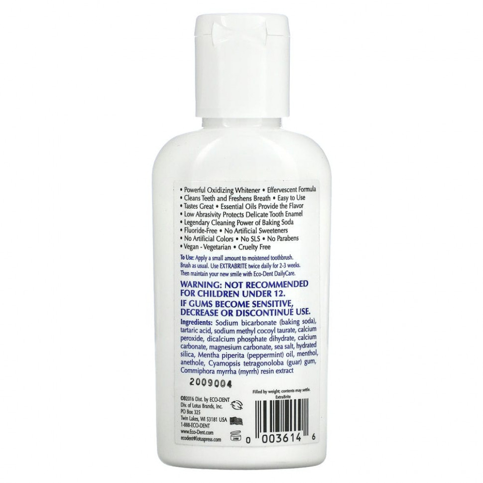 Eco-Dent, ExtraBrite, зубной порошок с пищевой содой, без фторидов, ослепительная мята, 56 г (2 унции)