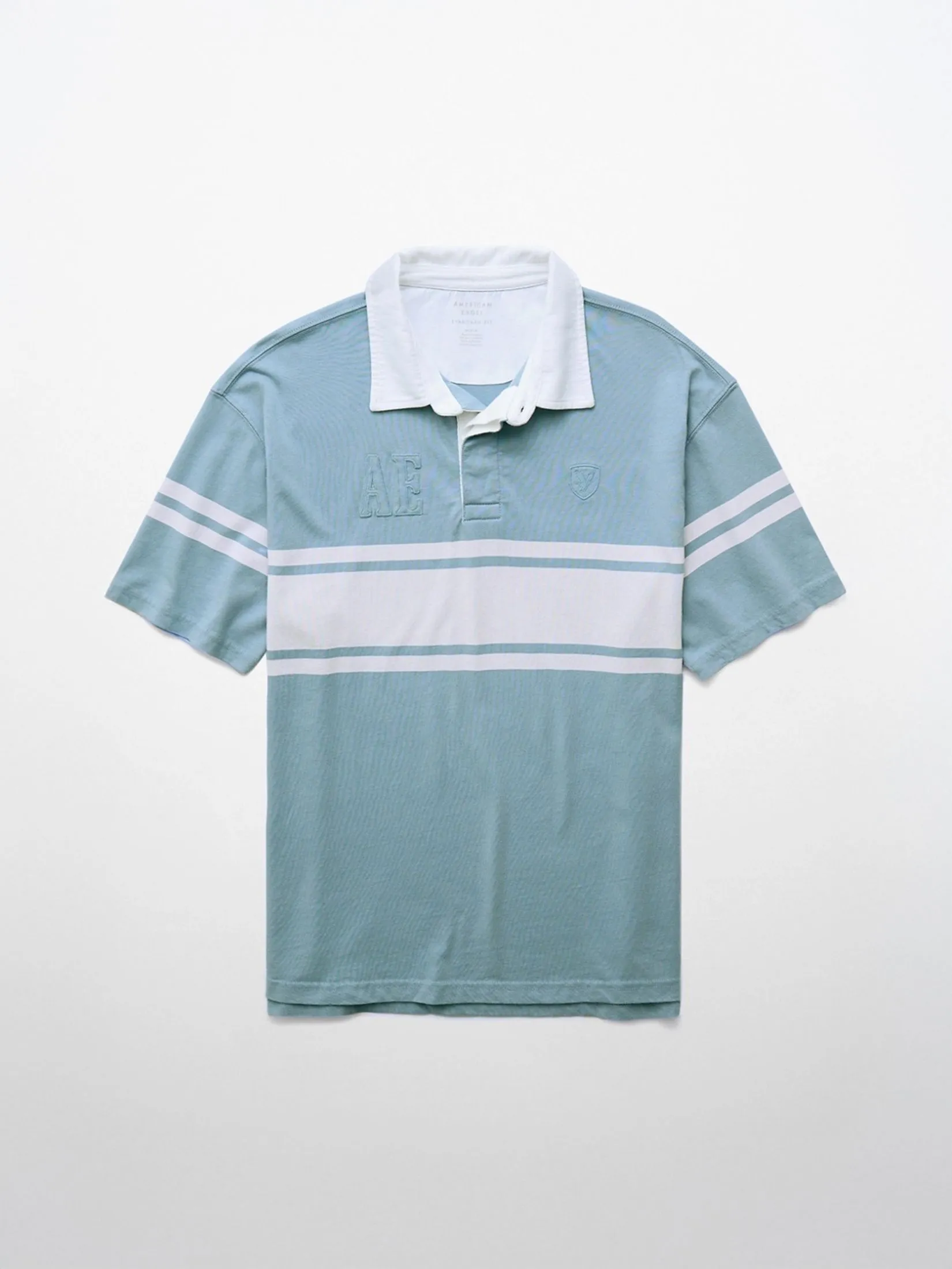 AMERICAN EAGLE MEN P- INTL SS RUGBY COLORBLOCK DISHCHARGE PRINT 401 LIGHT BLUE