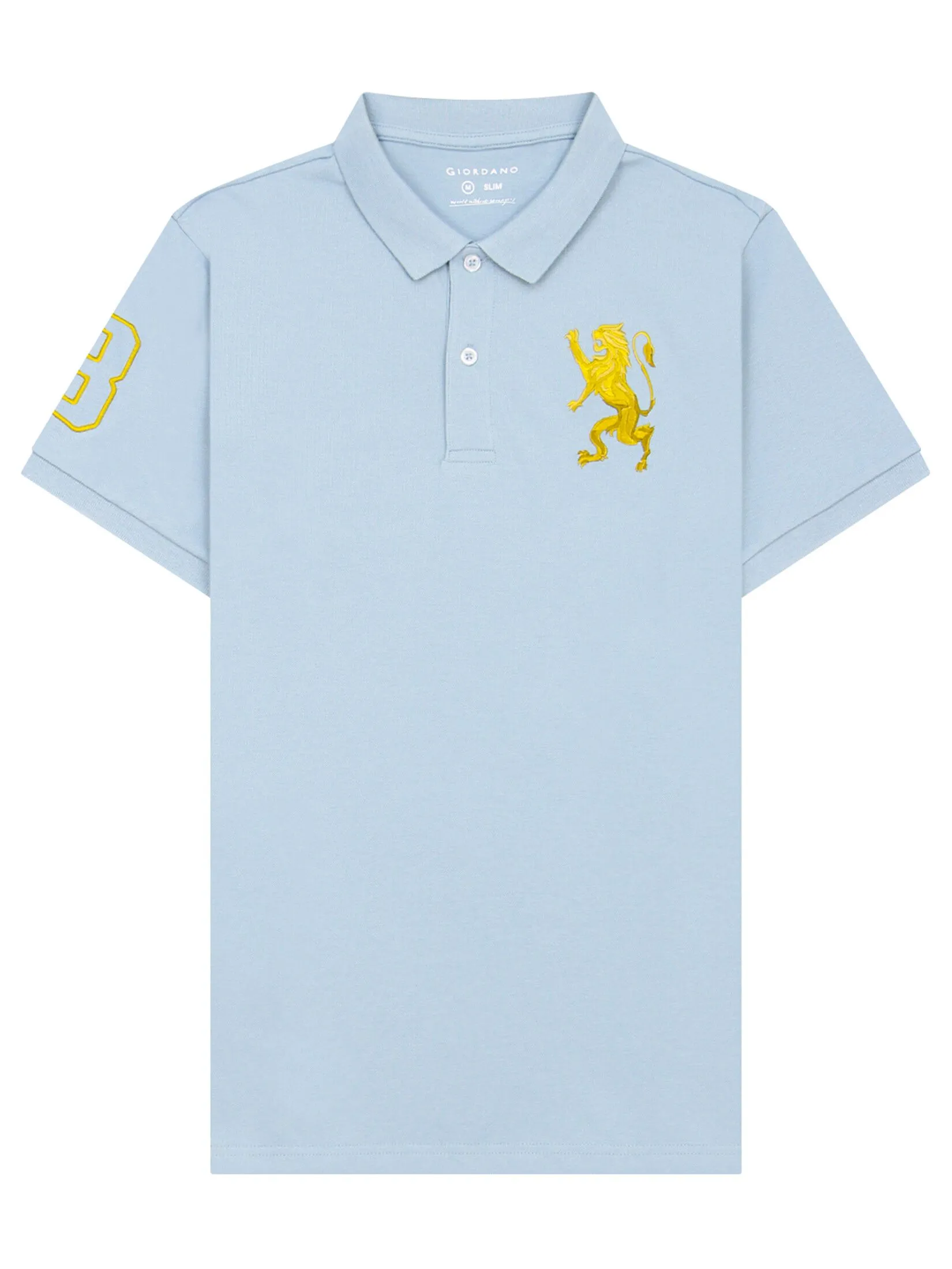 GIORDANO Men's Lycra Pique Embroidery Polo (3D Lion) Tourmailine blue