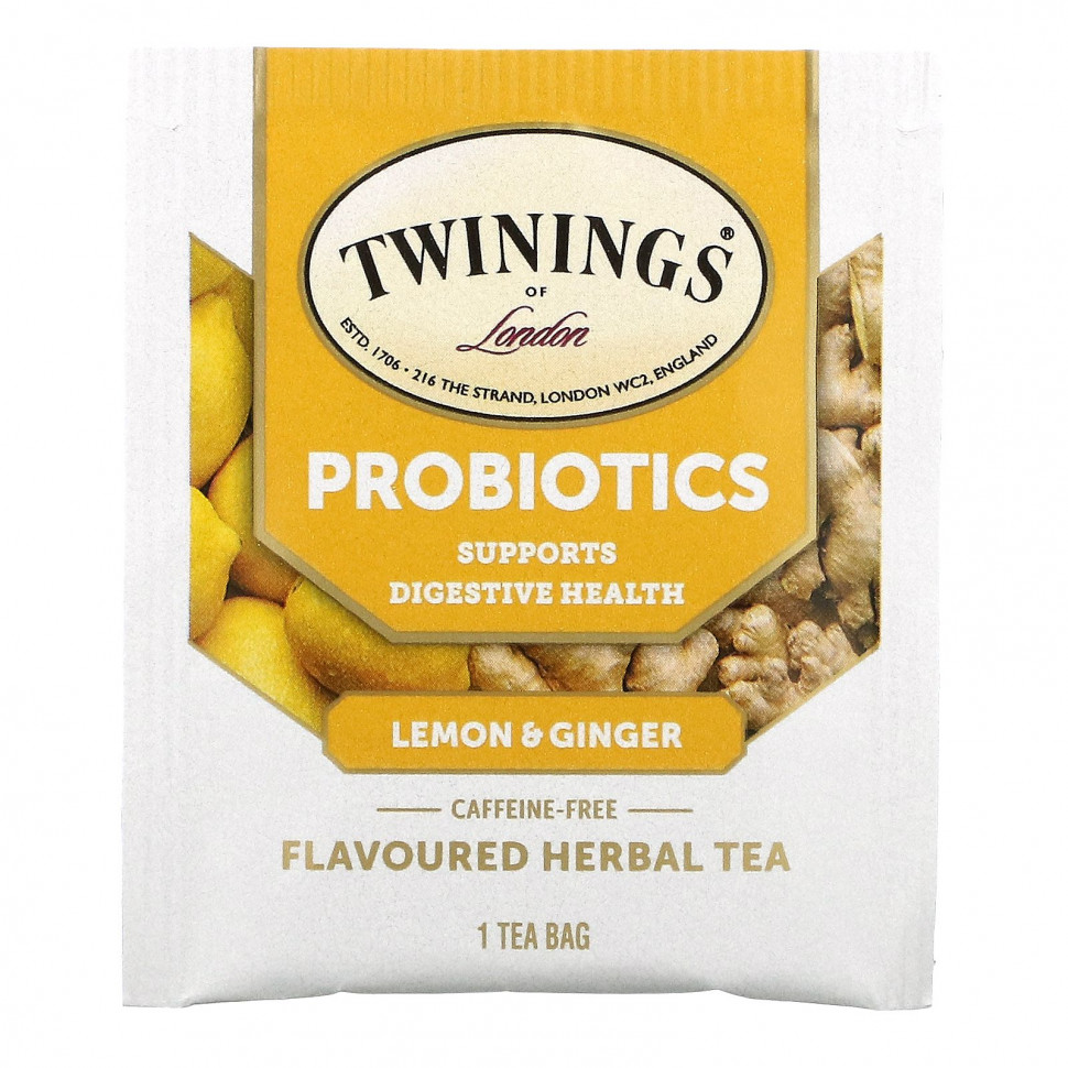 Twinings, Травяной чай со вкусом пробиотиков, лимон и имбирь, без кофеина, 18 чайных пакетиков, 0,95 унции (27 г)