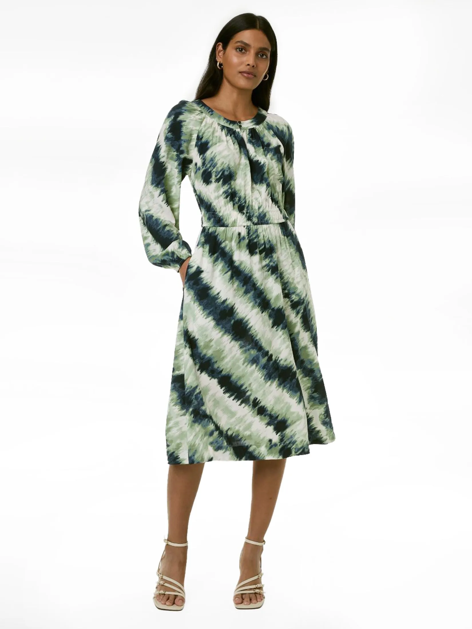 MARKS & SPENCER Women Midi Waisted Dress Printed Keyhole Pleated Green Mix Size - 10 Petite