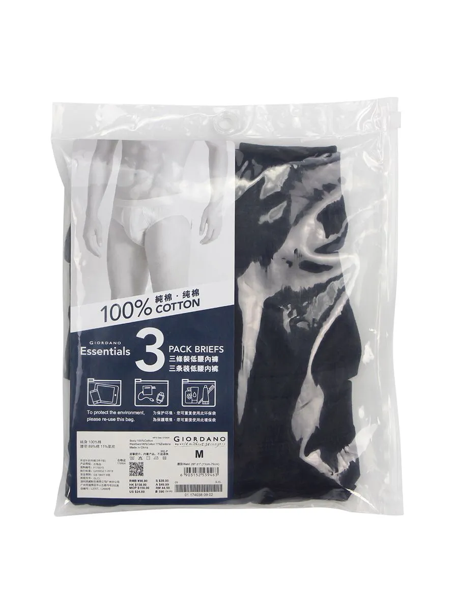 GIORDANO Men's 100% Cotton briefs elastic waistband(3pcs/pack) Black
