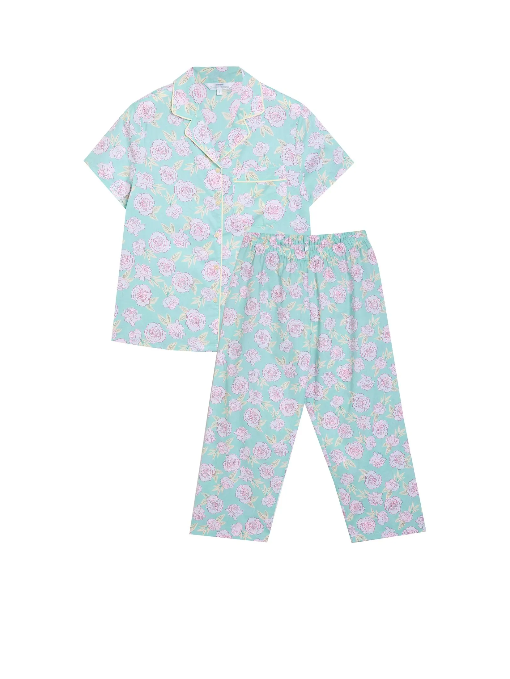 CLAUDIA'S ROMANCE Women Pajamas Set Hawaiian Shirt Short Sleeves + 5-Part Pants Green