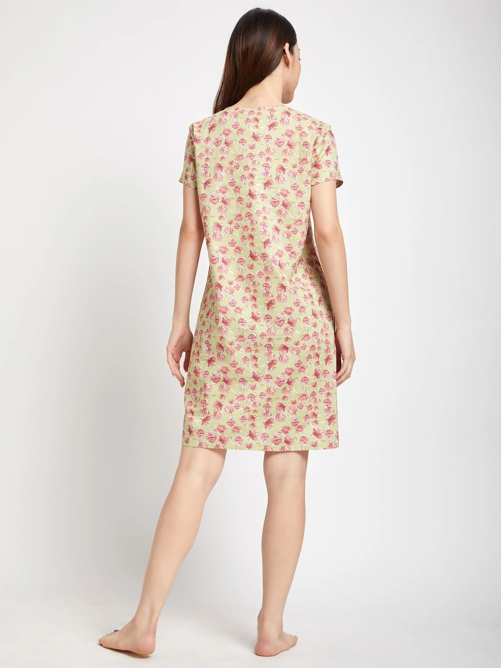 CLAUDIA'S ROMANCE Women Night Dress Short Sleeves Round Neck Floral Print Green