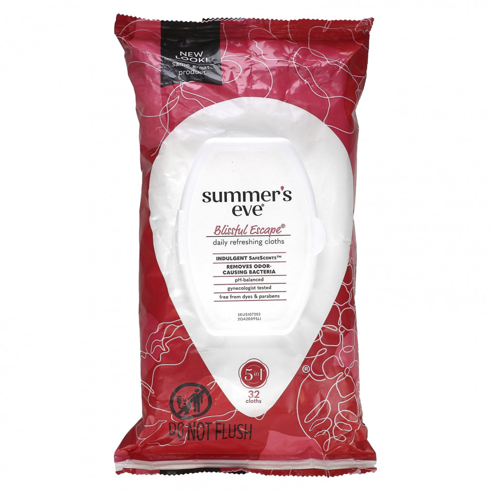 Summer's Eve, 5 в 1 ежедневно освежающие салфетки, Blissful Escape, 32 салфетки
