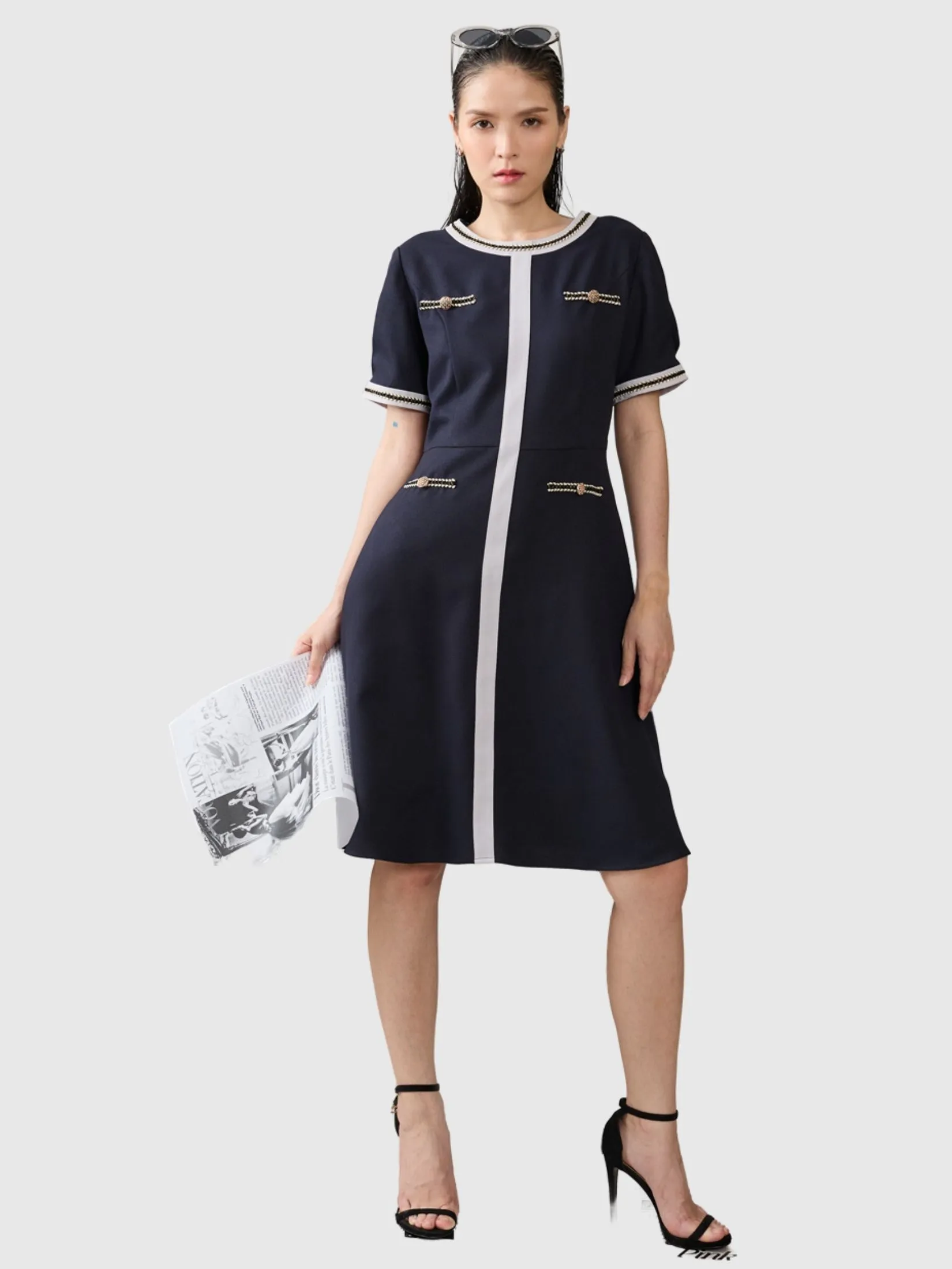 AMILA Women Dress Short Sleeves Moss Crepe Navy Blue