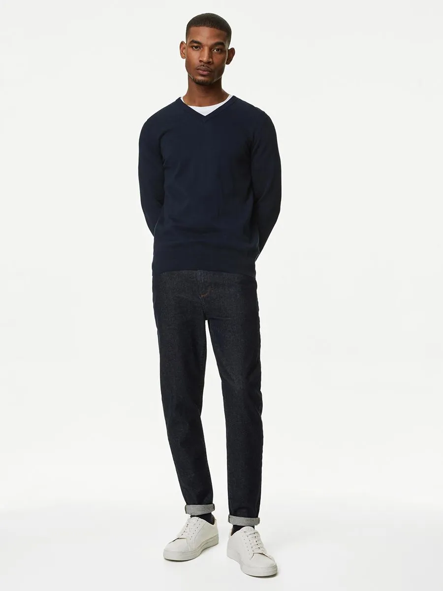 MARKS & SPENCER Men Jumpers V-Neck Pure Cotton Knitted F0_Navy
