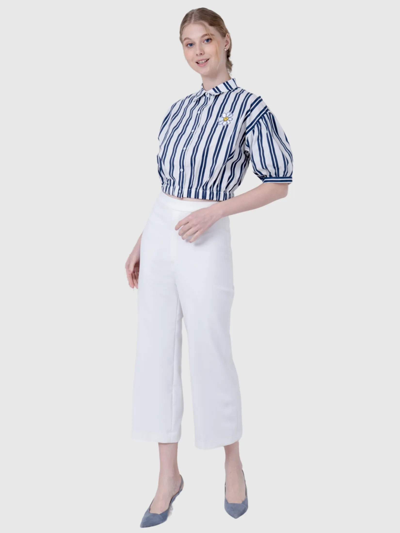 AMILA Women Shirt Short Sleeves Cotton Print Off White