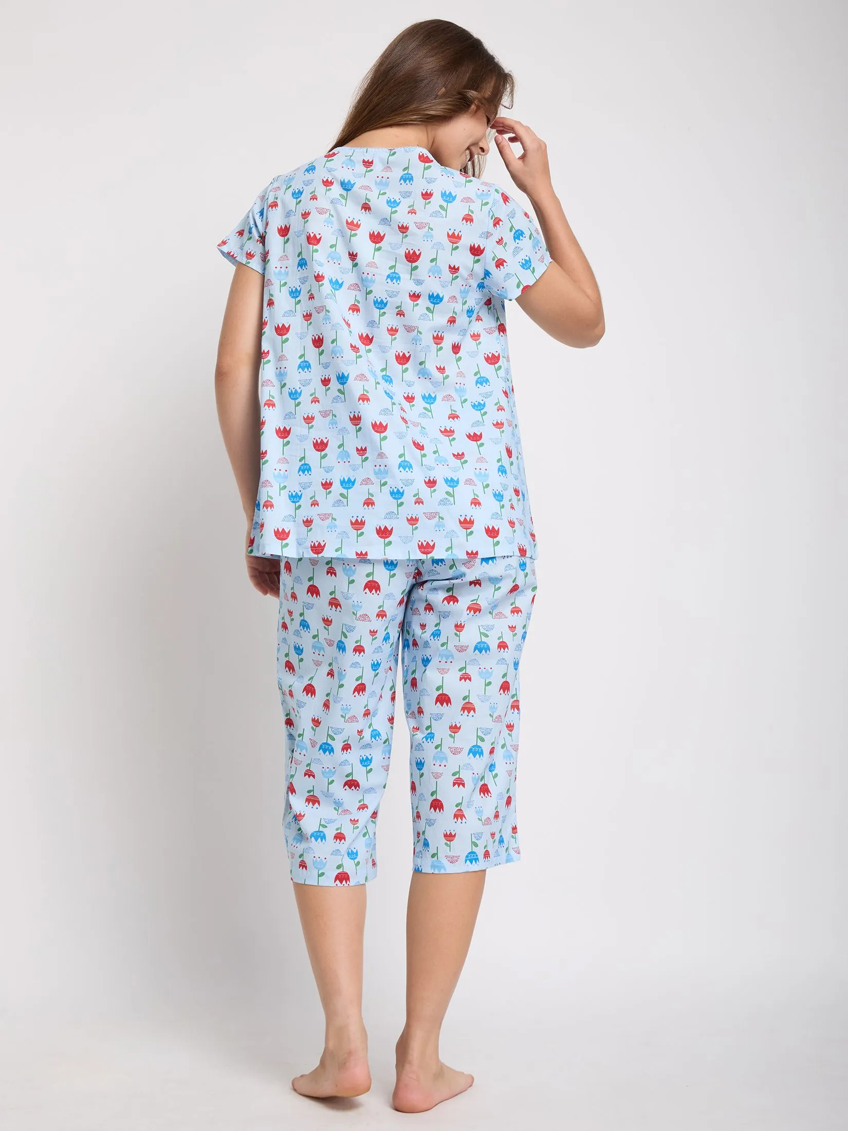 CLAUDIA'S ROMANCE Women Pyjamas Shirt Short Sleeves Crew Neck + 3/4 Pants Print Light Blue