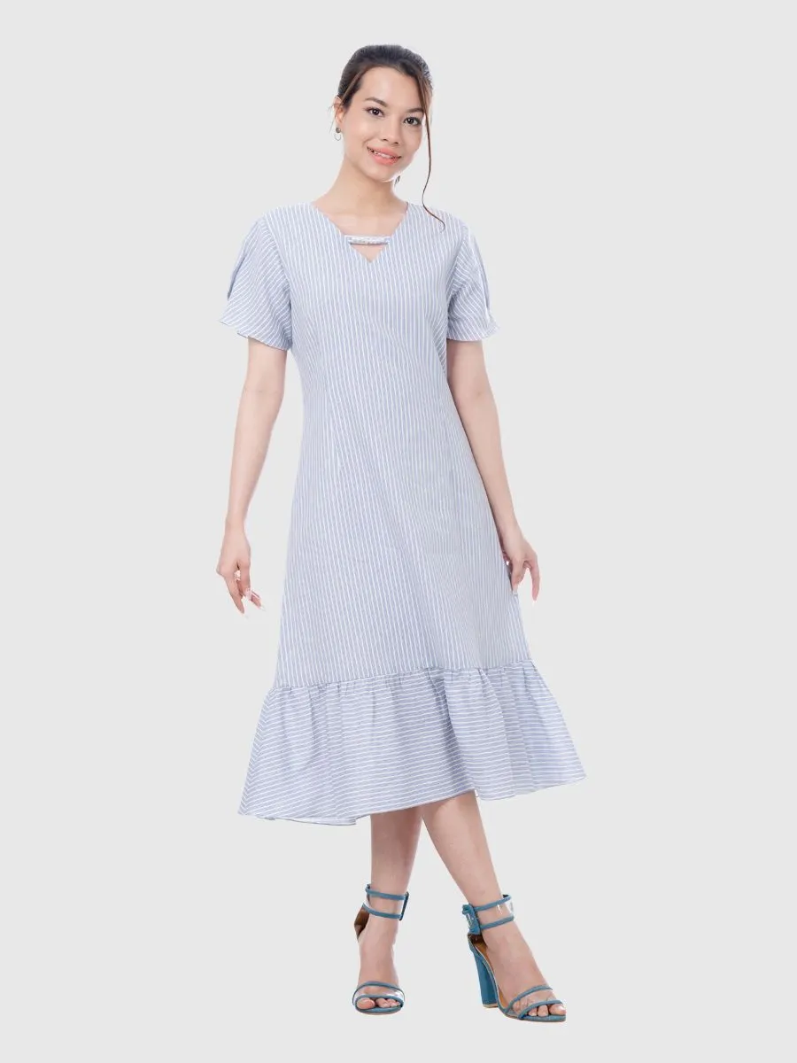 AMILA Women Dress Linen Cotton Blue