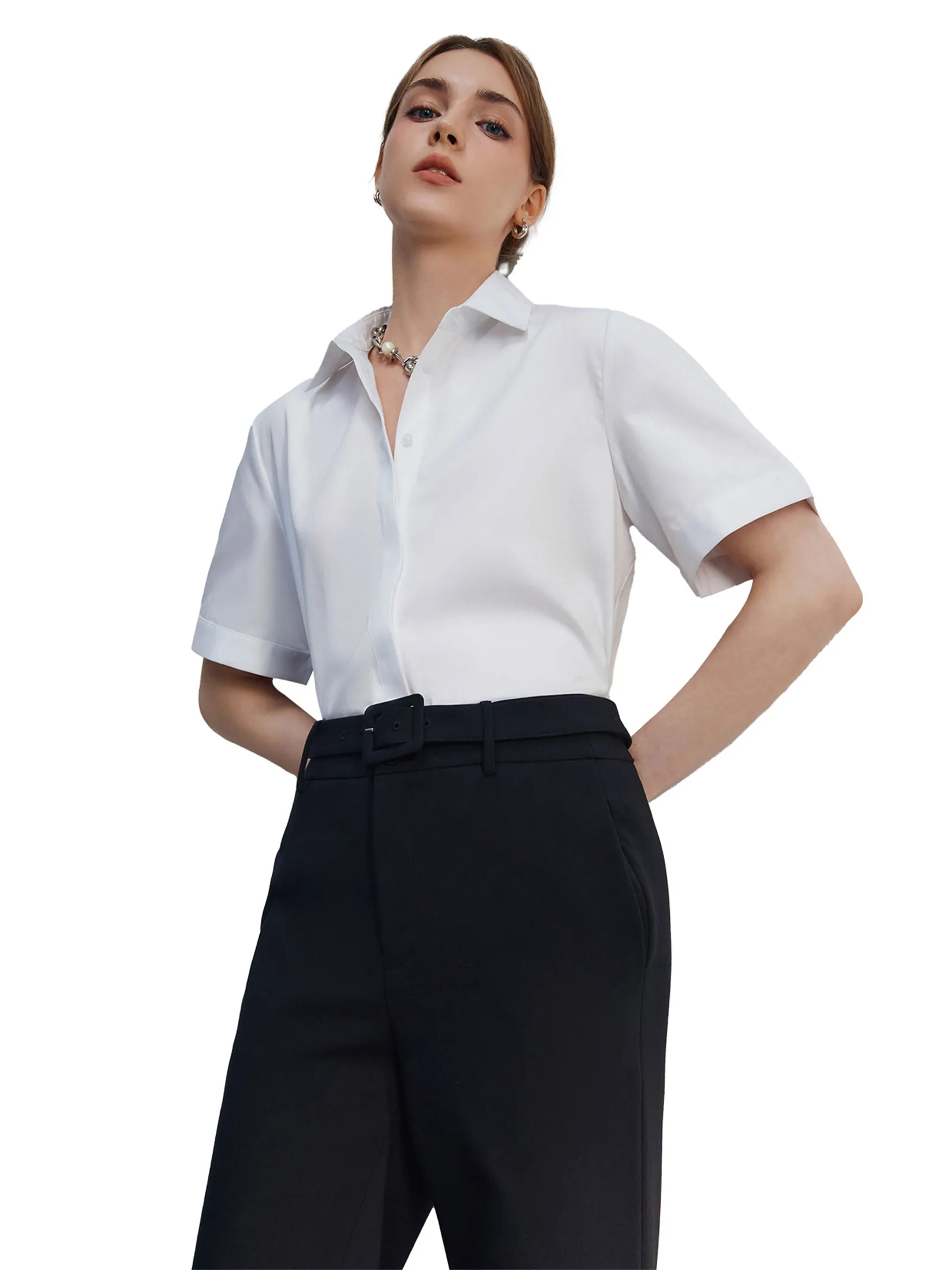 G2000 Women Clothing Easy Care Cotton Satin Short Sleeve Shirt  Loose Fit - White