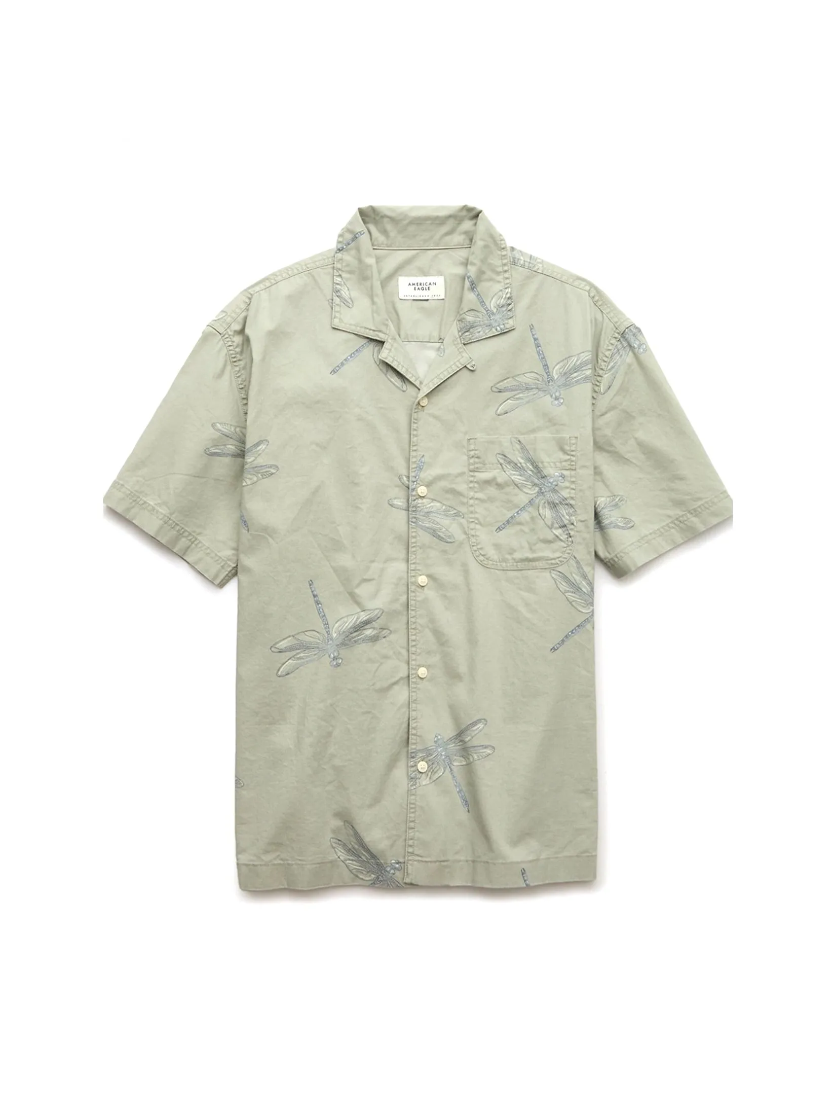 AMERICAN EAGLE MEN DAN DRAGONFLY SS OVERSIZED CAMP COLLAR STAFFORD FADE 331 OLIVE FUN
