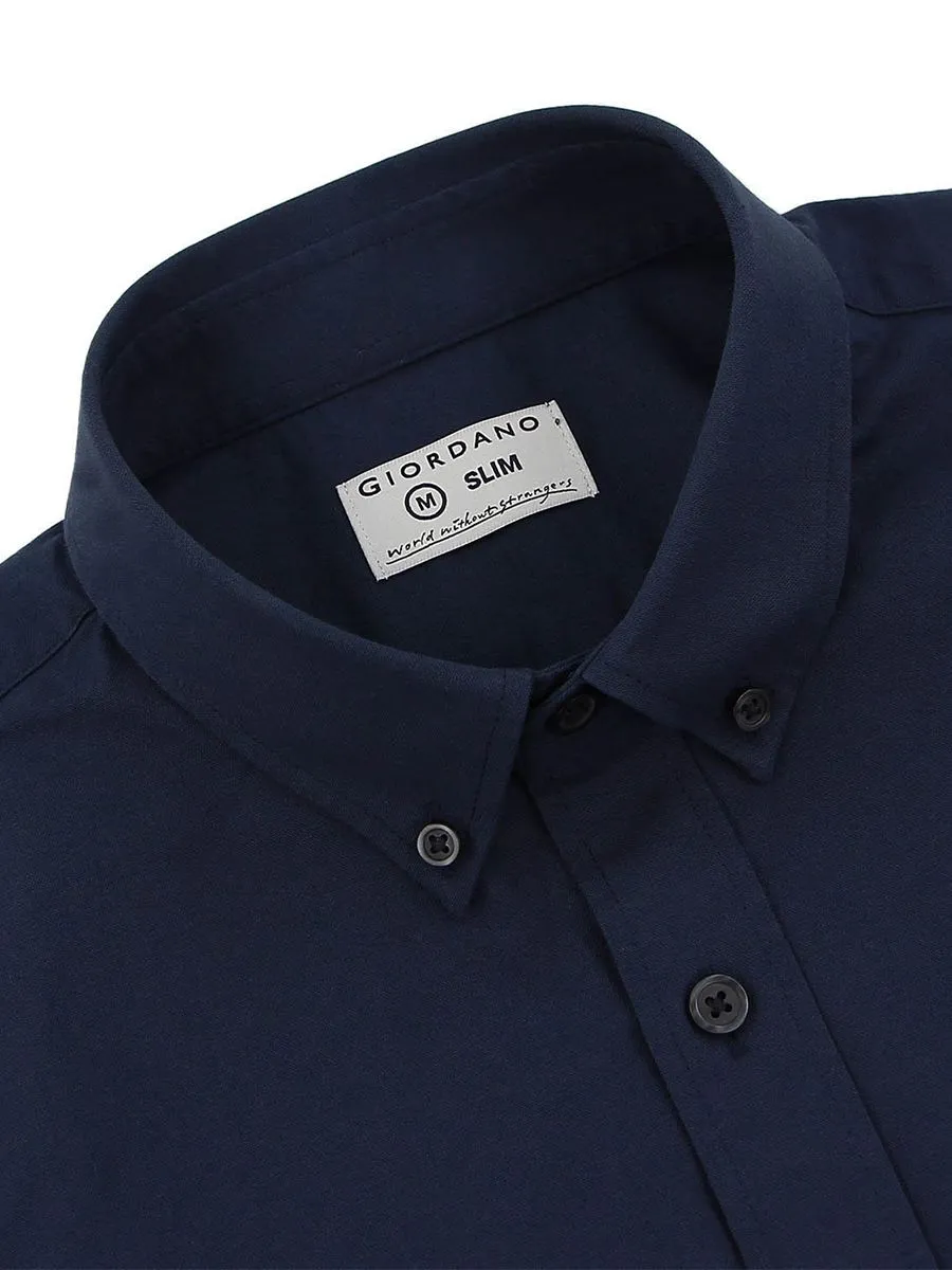 GIORDANO Men's Slim Embroidery Stretch Oxford Shirts (Classic Man) Navy