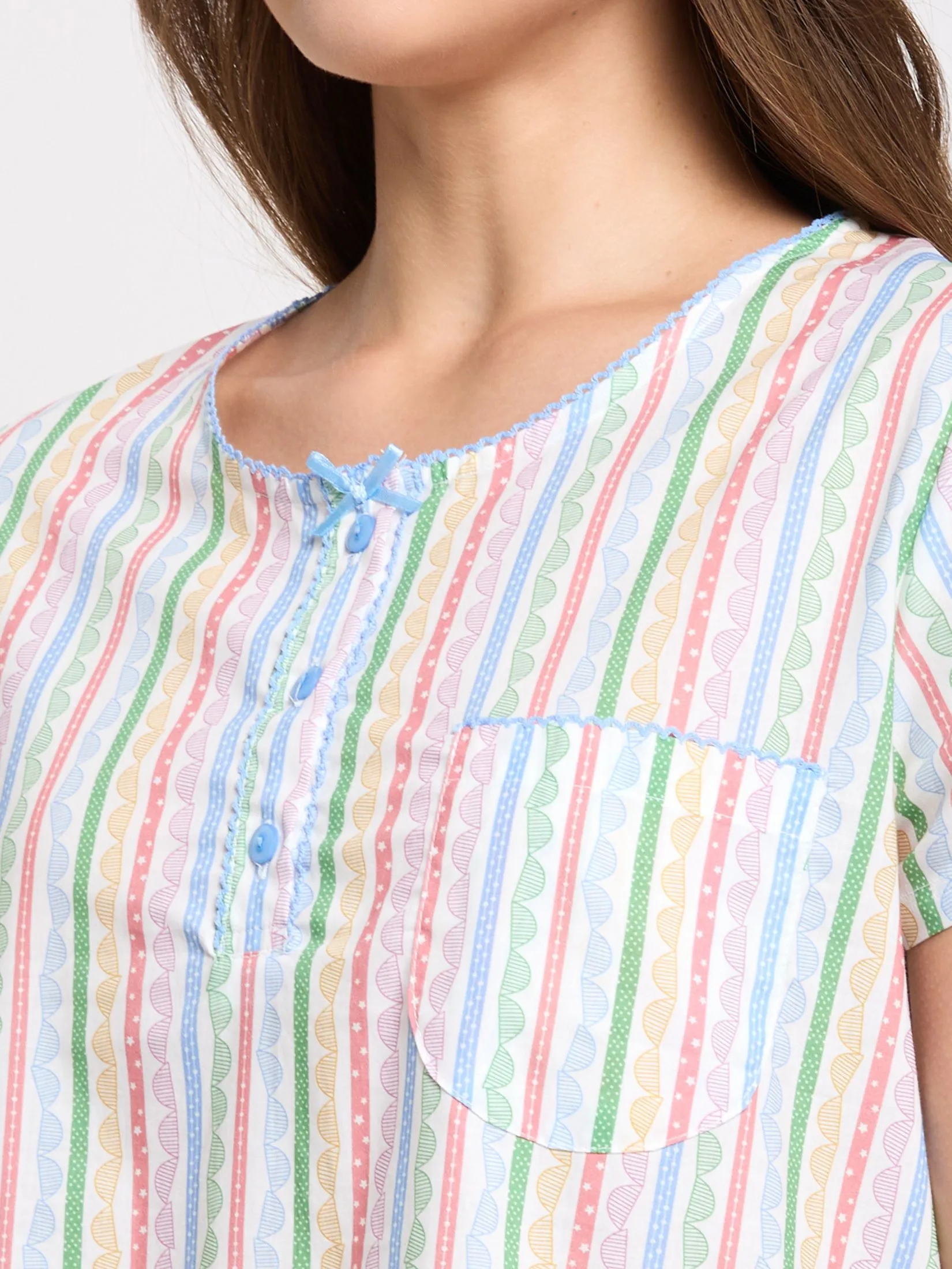 CLAUDIA'S ROMANCE Women Pyjamas Shirt Short Sleeves Crew Neck + 3/4 Pants Print Multi-color