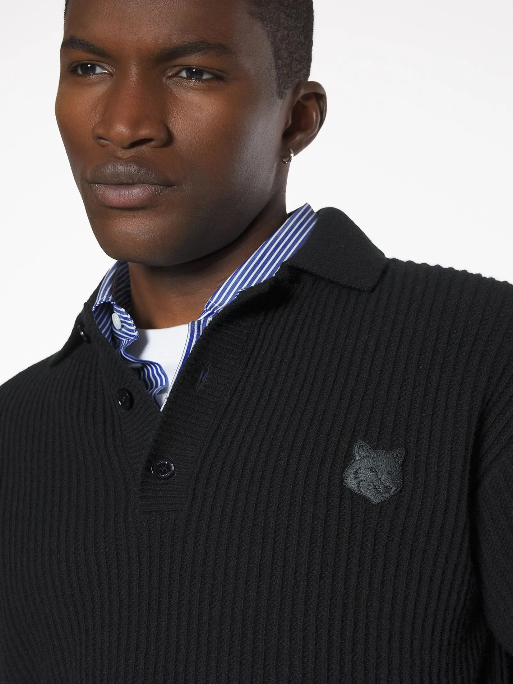 MAISON KITSUNÉ Men Polo Jumper Fox Head Wool Ribbed
