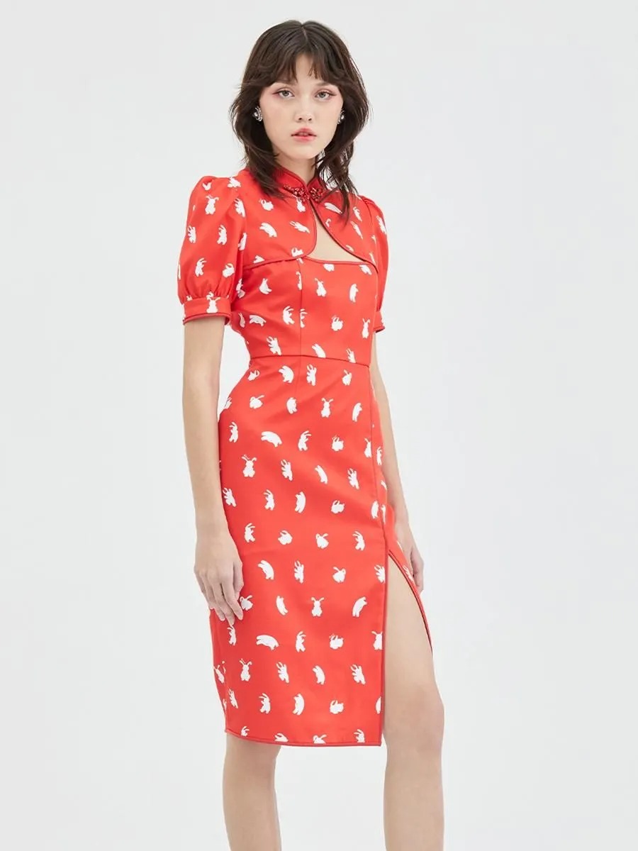 KLOSET (CNY23)Rabbit print front slit dress RED